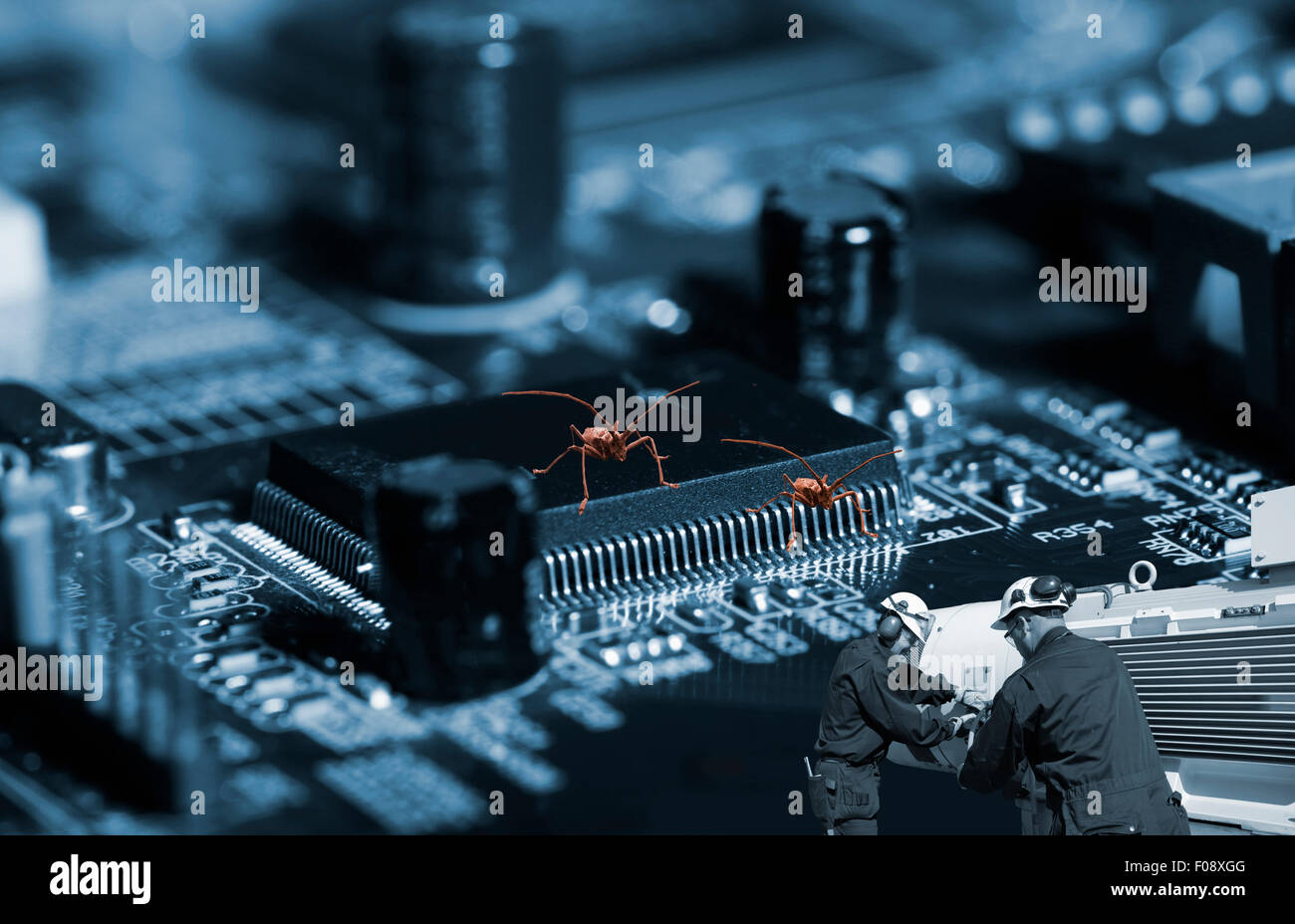 technicians fighting computer bugs, viruses Stock Photo