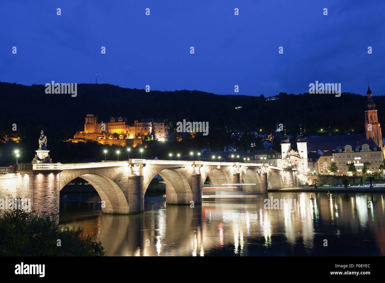 Illuminated Karl-Theodor-Bridge at evening in Heidelberg, Germany Stock Photo