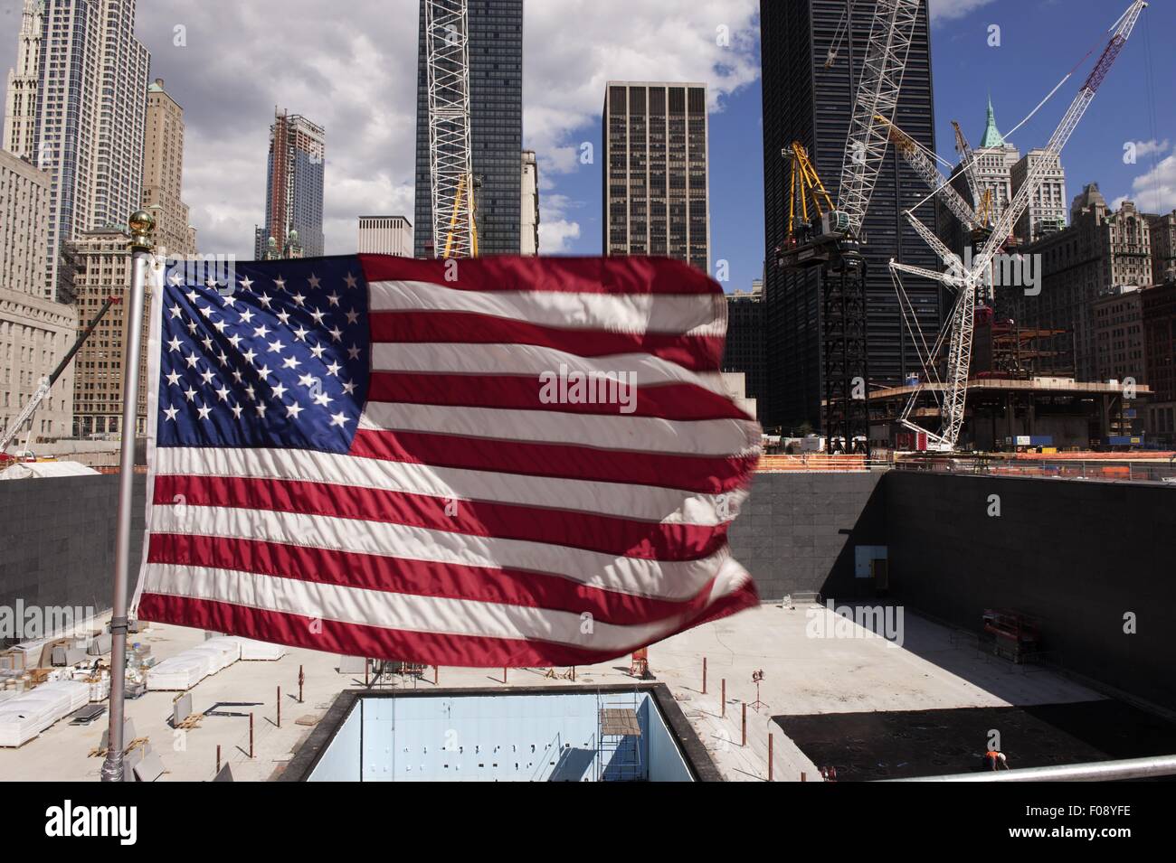 American flag and Ground Zero construction site in New York, USA Stock Photo