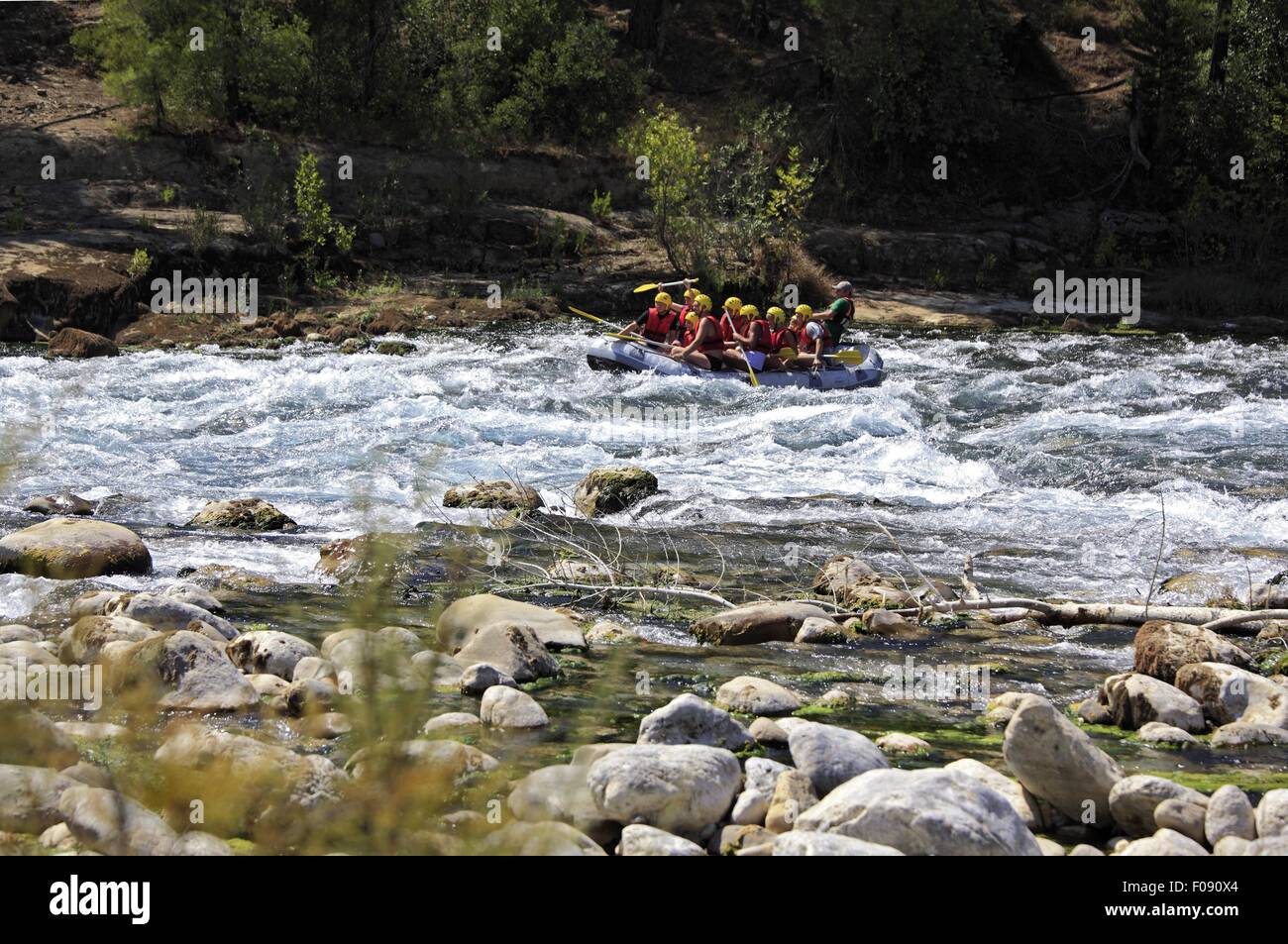 Tourists doing rapid rafting in Koprulu Canyon, Turkey Stock Photo