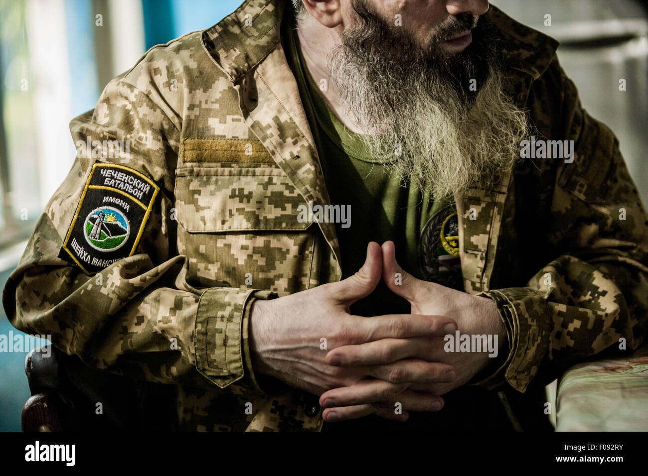 July 25, 2015 - Mariupol, Donetsk Oblast, Ukraine - ''Chechen battalion'' patch in the military jacket of the chechen unit commander of the Sheikh Mansur battalion, known as ''Muslim'' in the base close to Mariupol, Ukraine. (Credit Image: © Celestino Arce via ZUMA Wire) Stock Photo