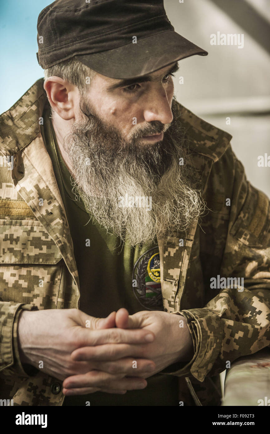 July 25, 2015 - Mariupol, Donetsk Oblast, Ukraine - Chechen unit commander  of the Sheikh Mansur battalion, known as ''Muslim'' in the base close to Mariupol, Ukraine. (Credit Image: © Celestino Arce via ZUMA Wire) Stock Photo