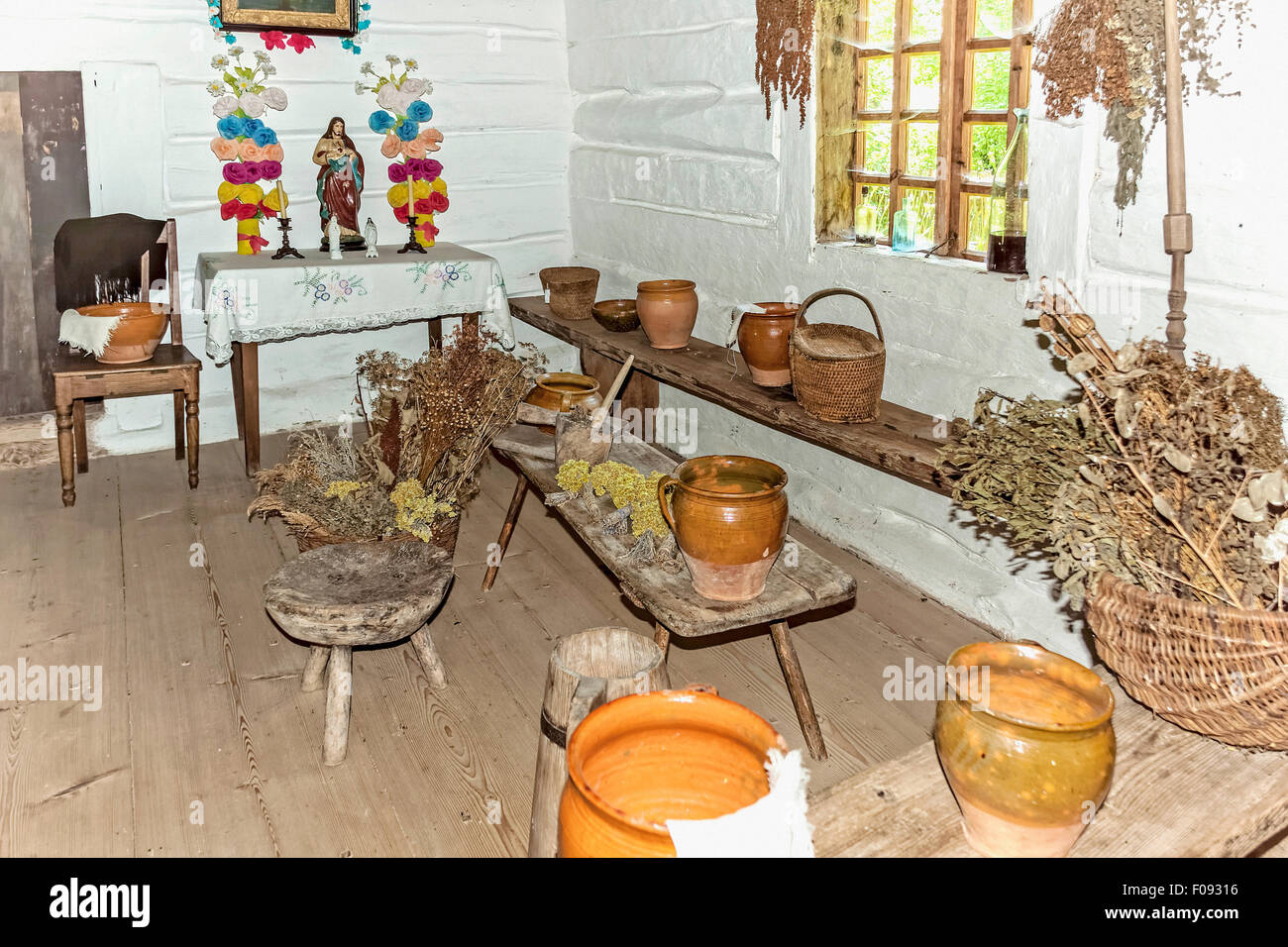 Inside old house in Tokarnia open-air museum, Poland Stock Photo