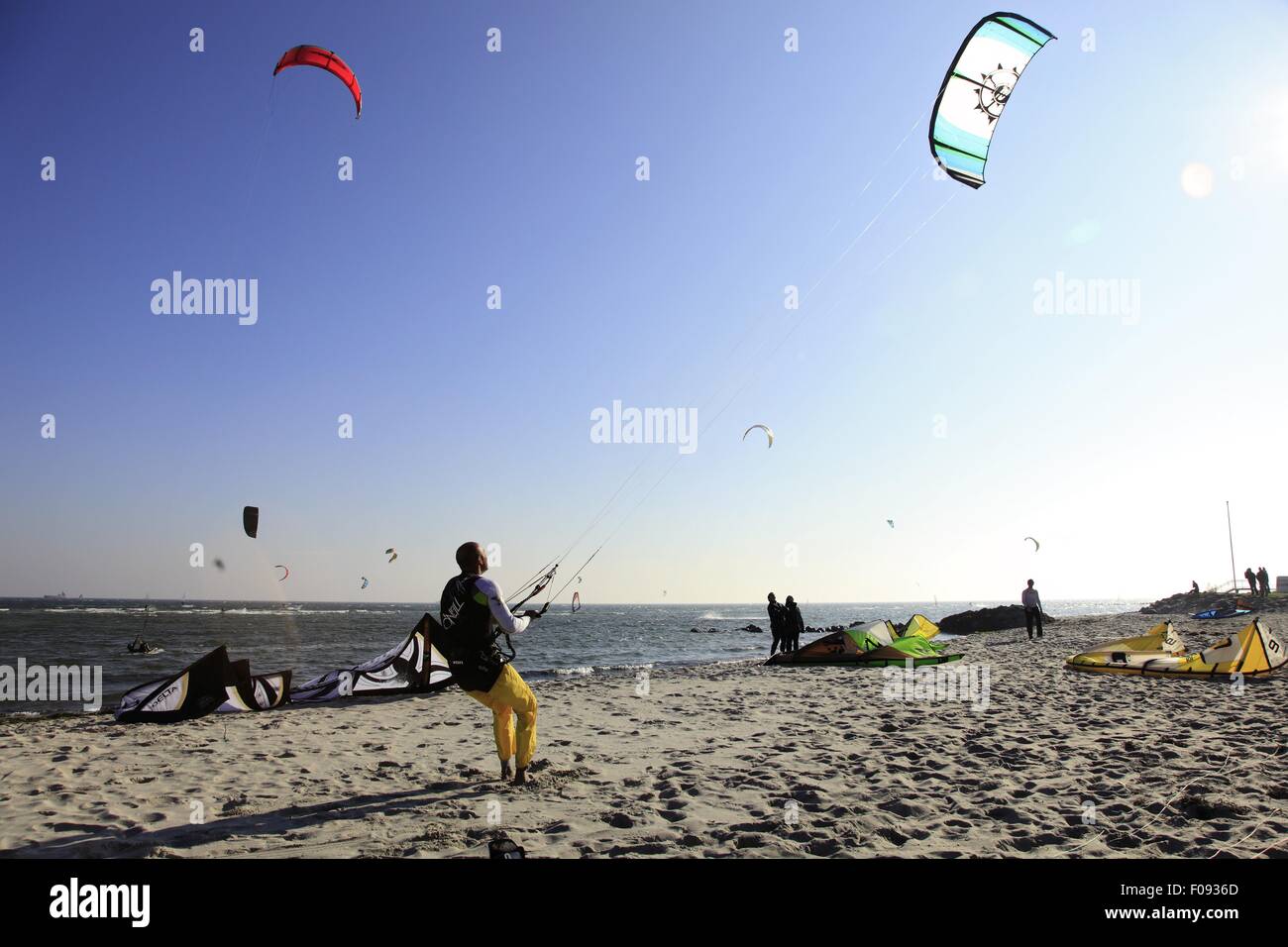Kiters on beach at Fehmarn, Baltic Coast, Schleswig-Holstein Stock Photo