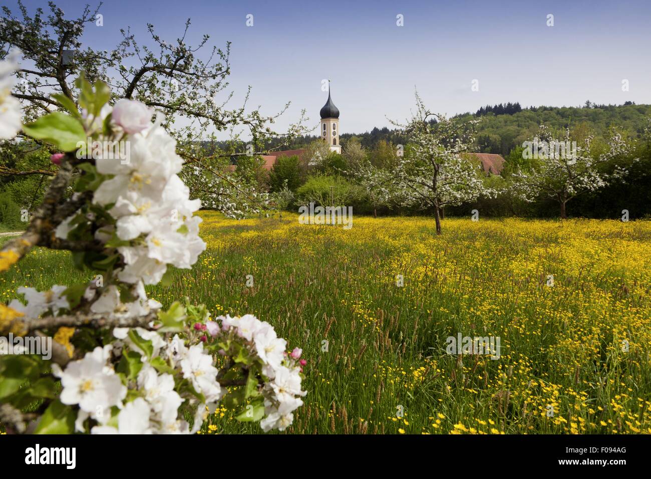 View of Oberschonenfeld Abbey and field in Augsburg, Bavaria, Germany Stock Photo