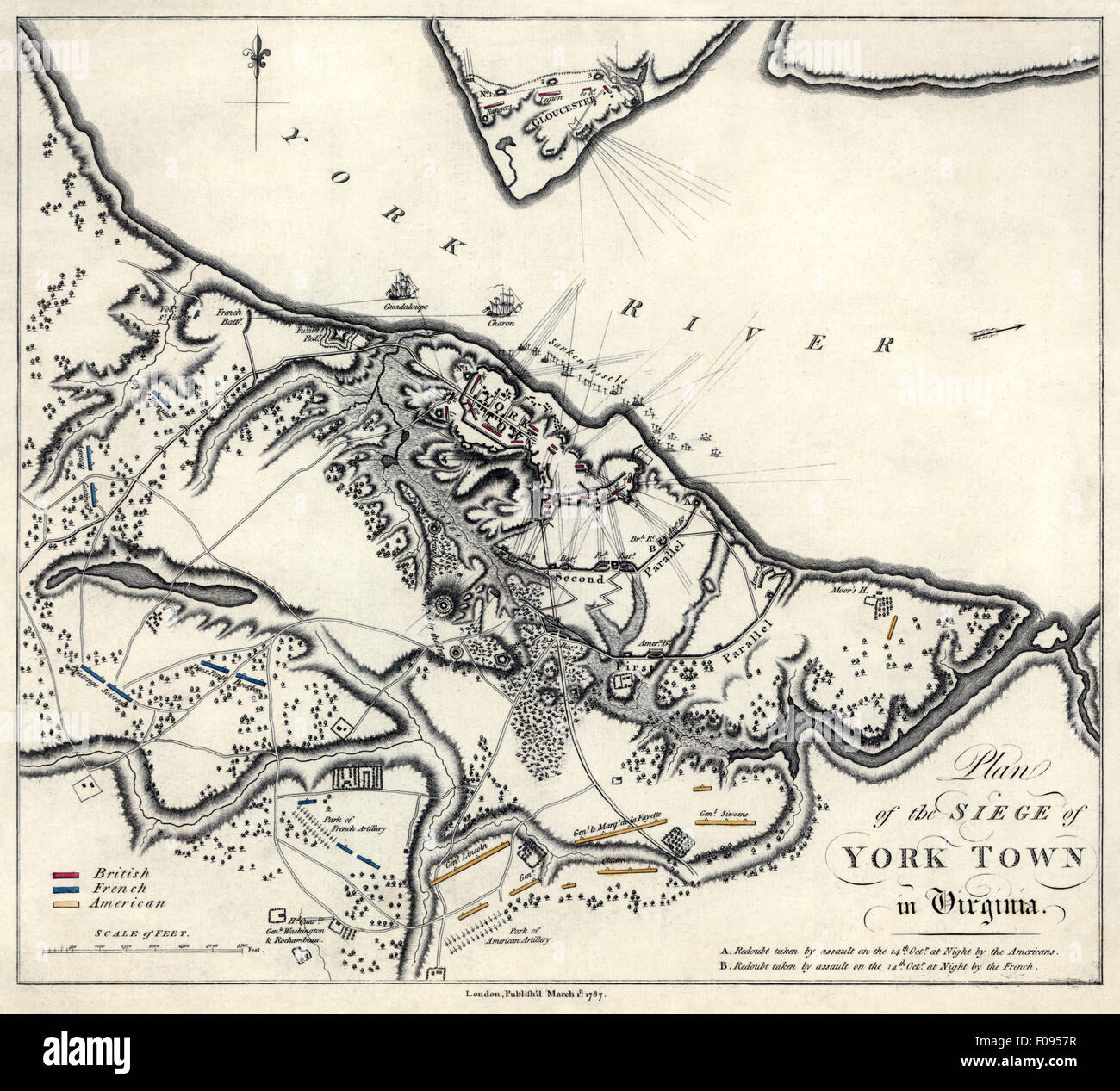 Plan of siege of Yorktown in Virginia showing positions of British, French and American armies in early October 1781. Also shown are HMS Guadeloupe and  HMS Charon on the York River before their destruction. Stock Photo