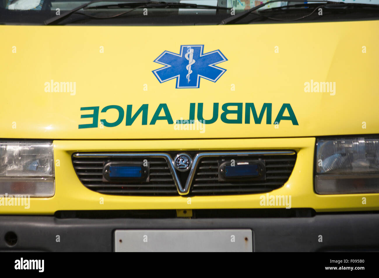 Close up view of front of Ambulance showing the Star of Life, UK - Star of Life represents emergency medical services such as ambulances Stock Photo