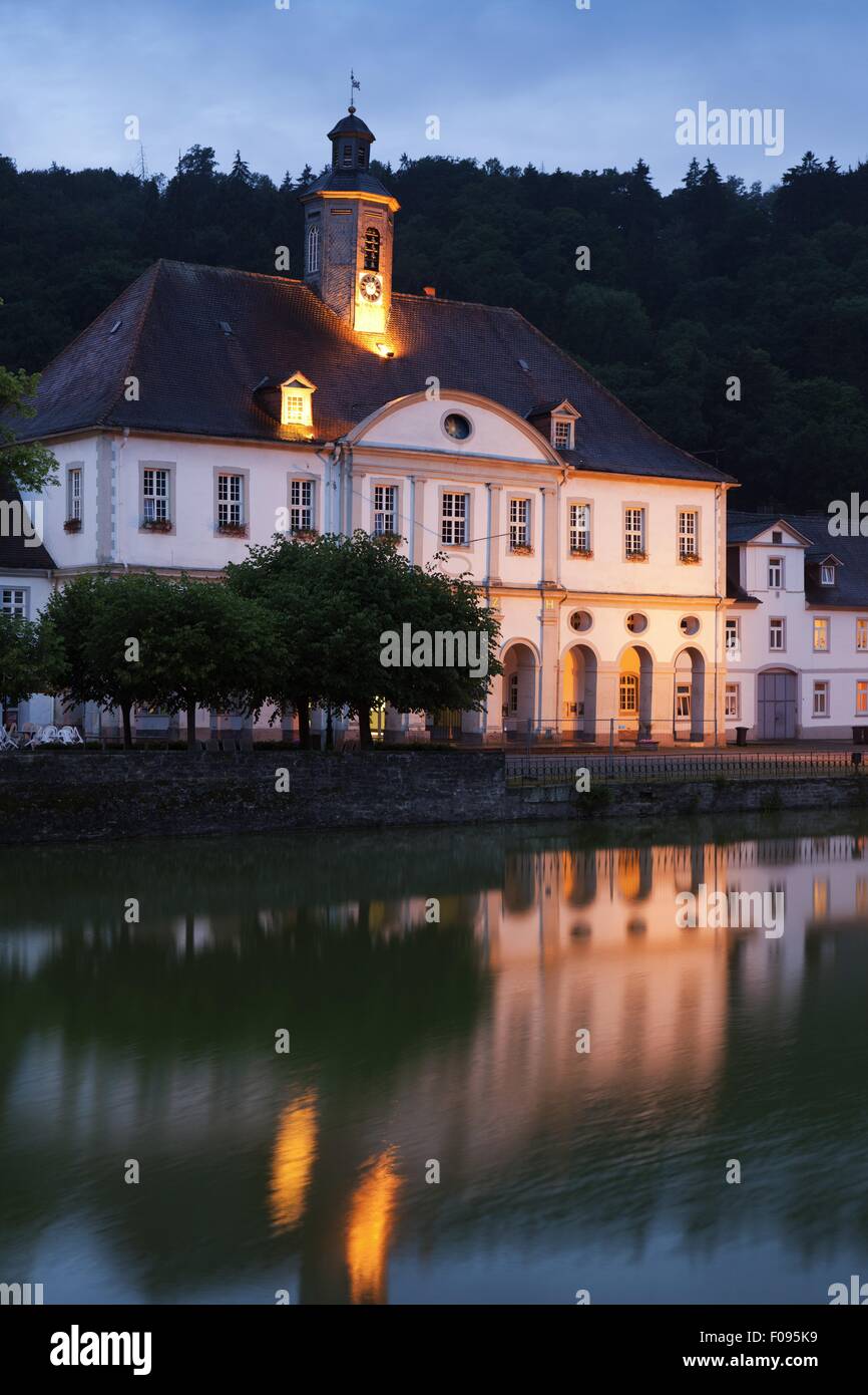 View of illuminated Landgrave Carl-channel at dusk in Bad Karlshafen, Hesse, Germany Stock Photo