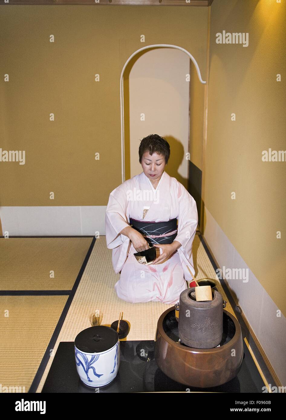 Woman wearing kimono kneeling at Tea Ceremony in British Museum, London, UK Stock Photo Alamy