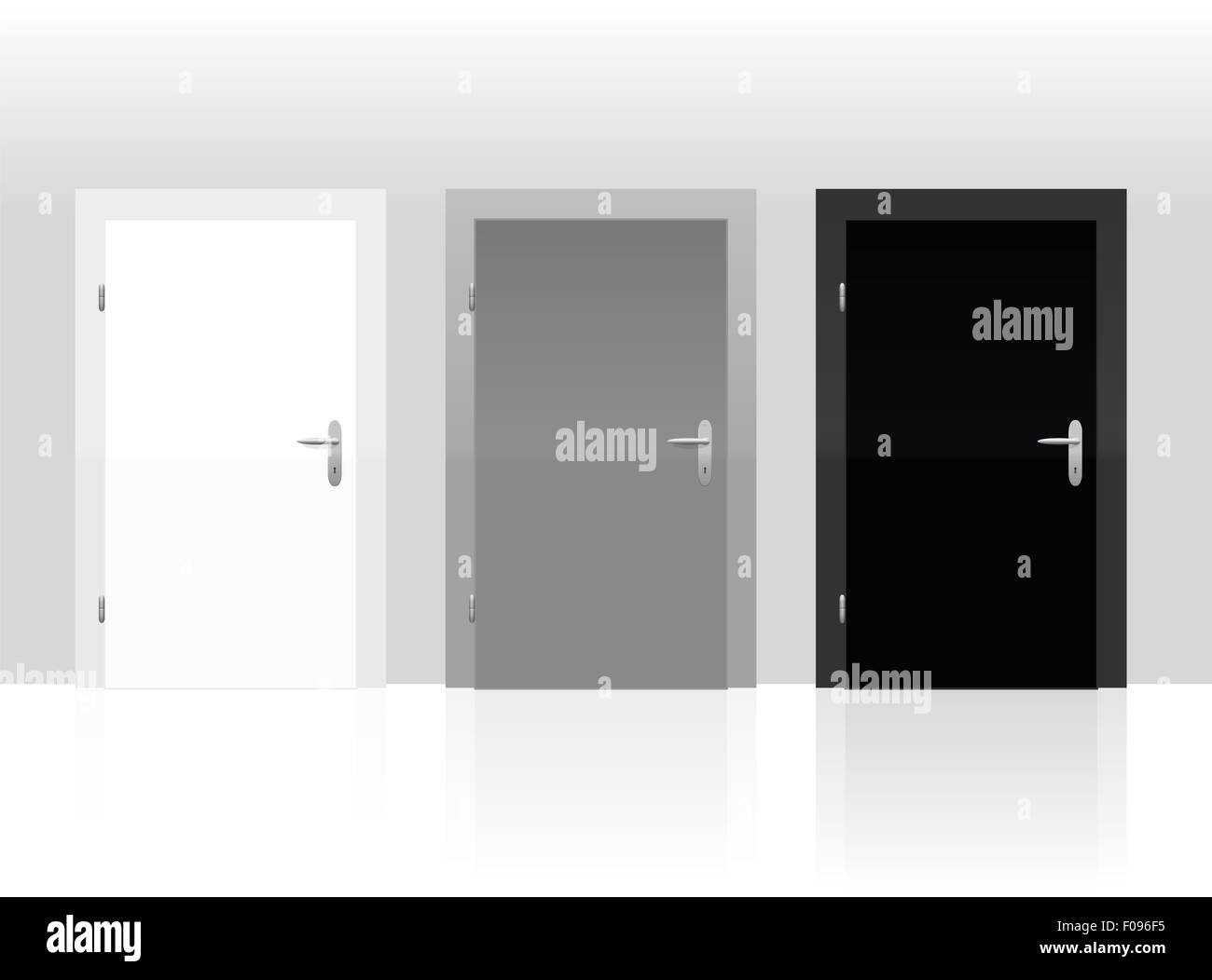 Three doors to choose - white, gray or black. Stock Photo