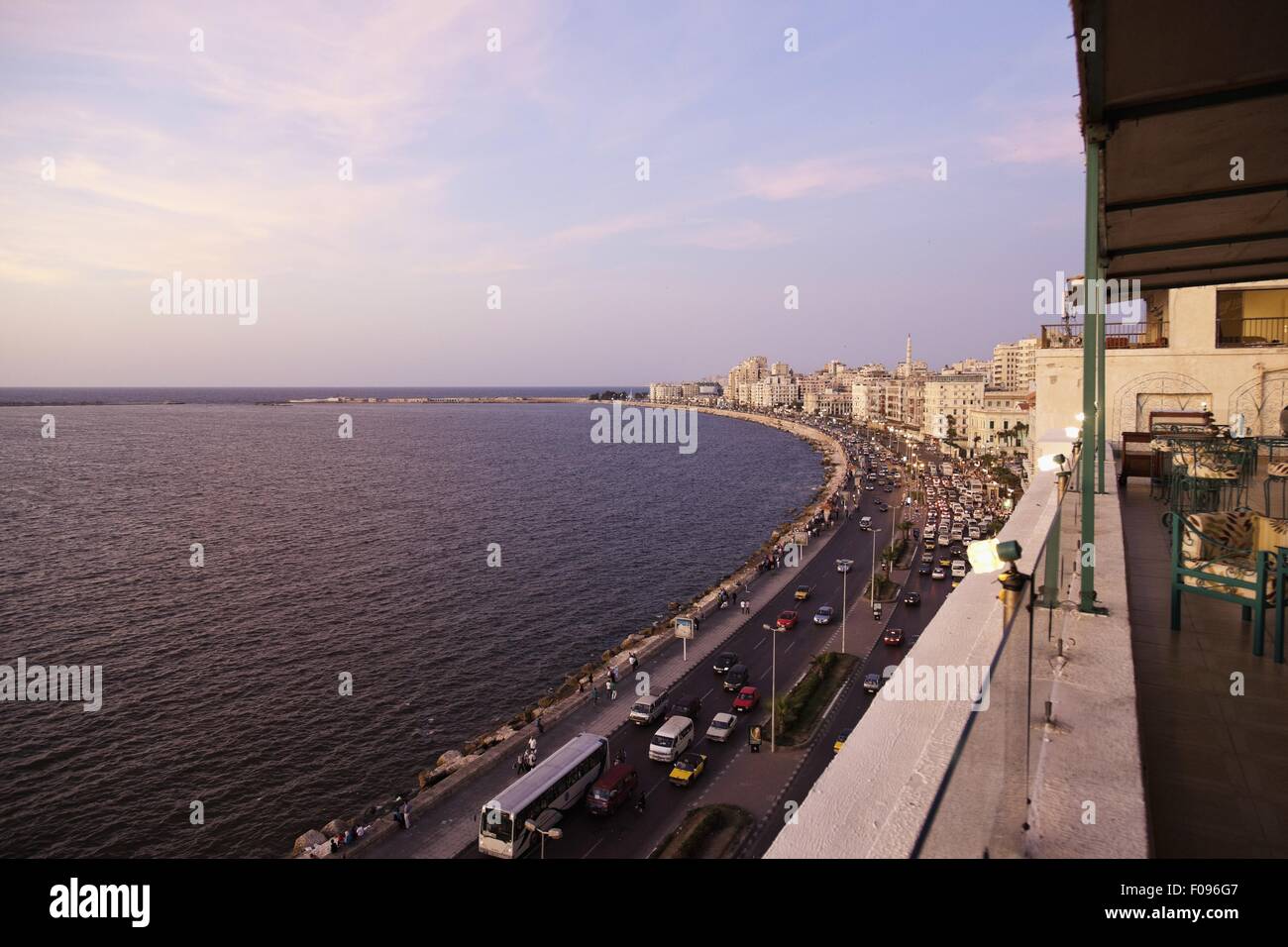 View of road along coast of Corniche, Alexandria, Egypt Stock Photo