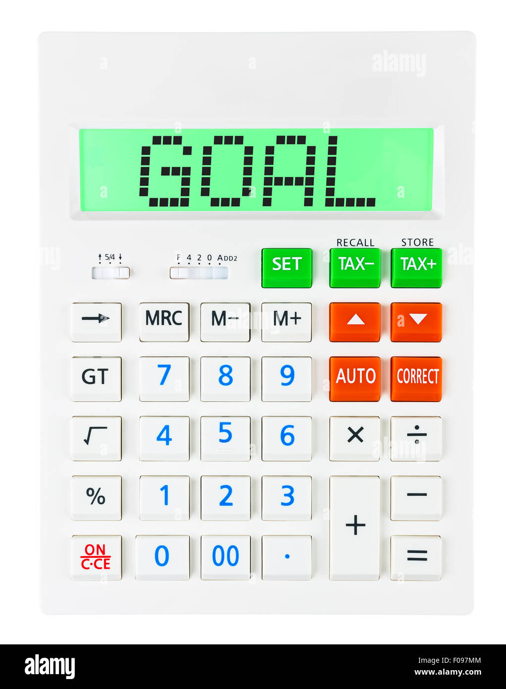 Calculator with GOAL on display isolated on white background Stock Photo