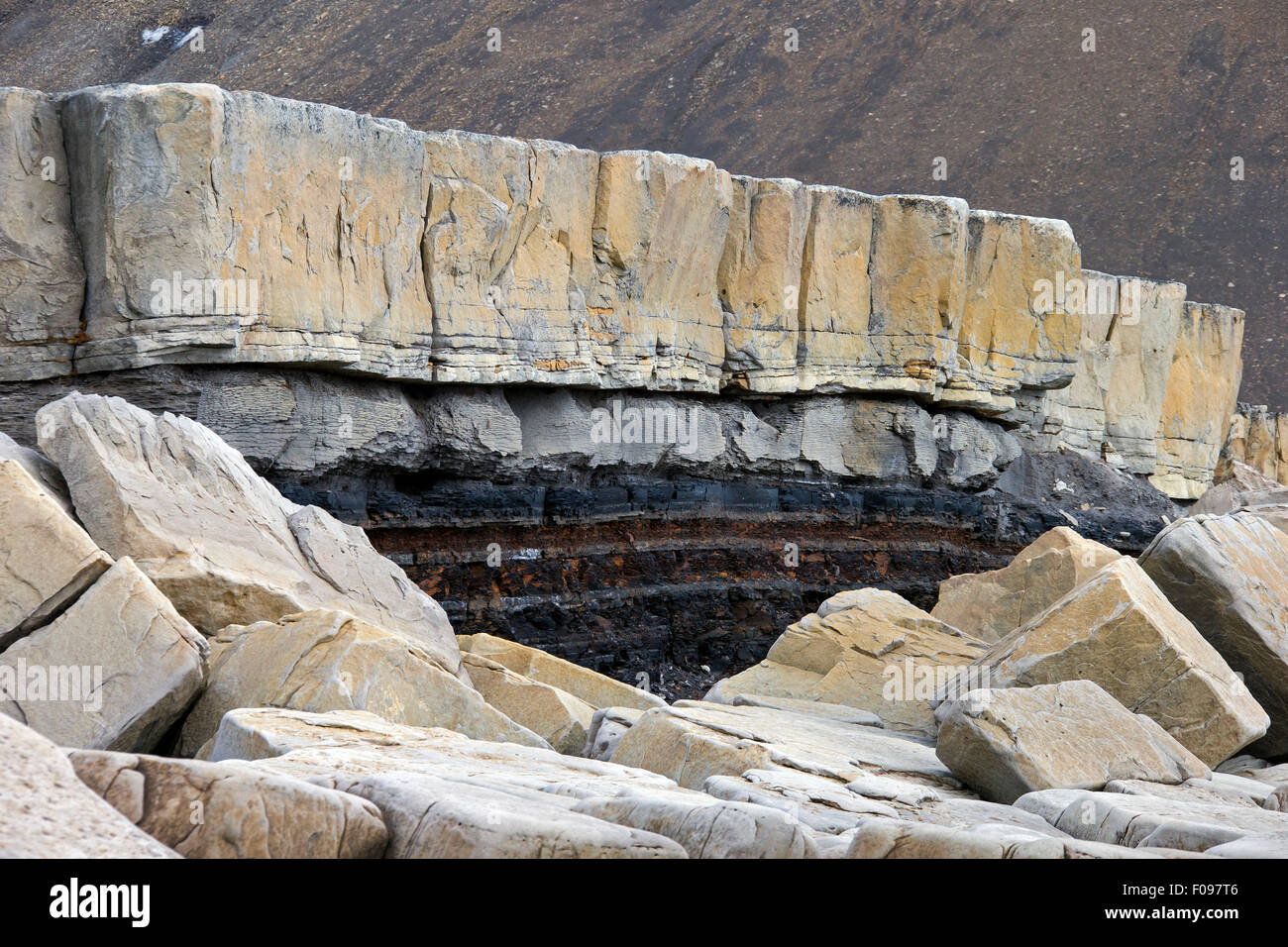 Rock stratification along the coast of Boltodden, Kvalvagen, Svalbard / Spitsbergen, Norway Stock Photo