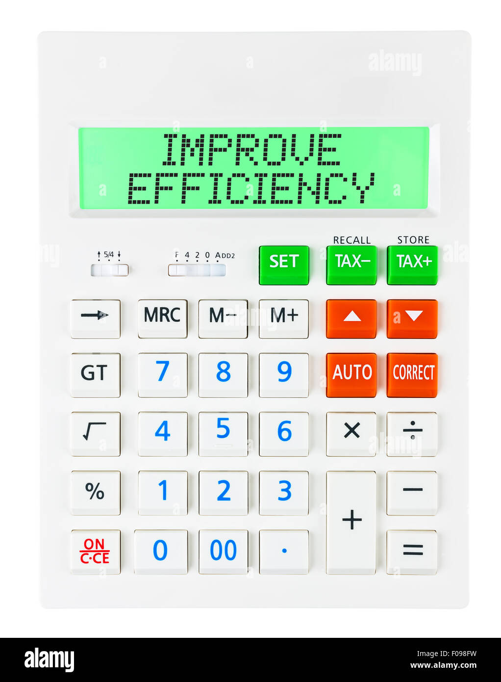 Calculator with IMPROVE EFFICIENCY on display isolated on white background Stock Photo