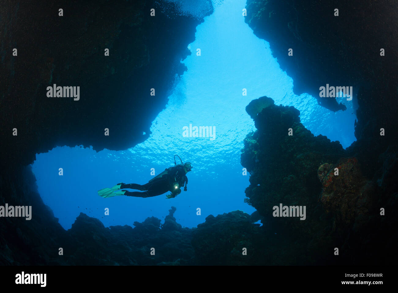 Scuba Diving in Custom Caves, Russell Islands, Solomon Islands Stock Photo