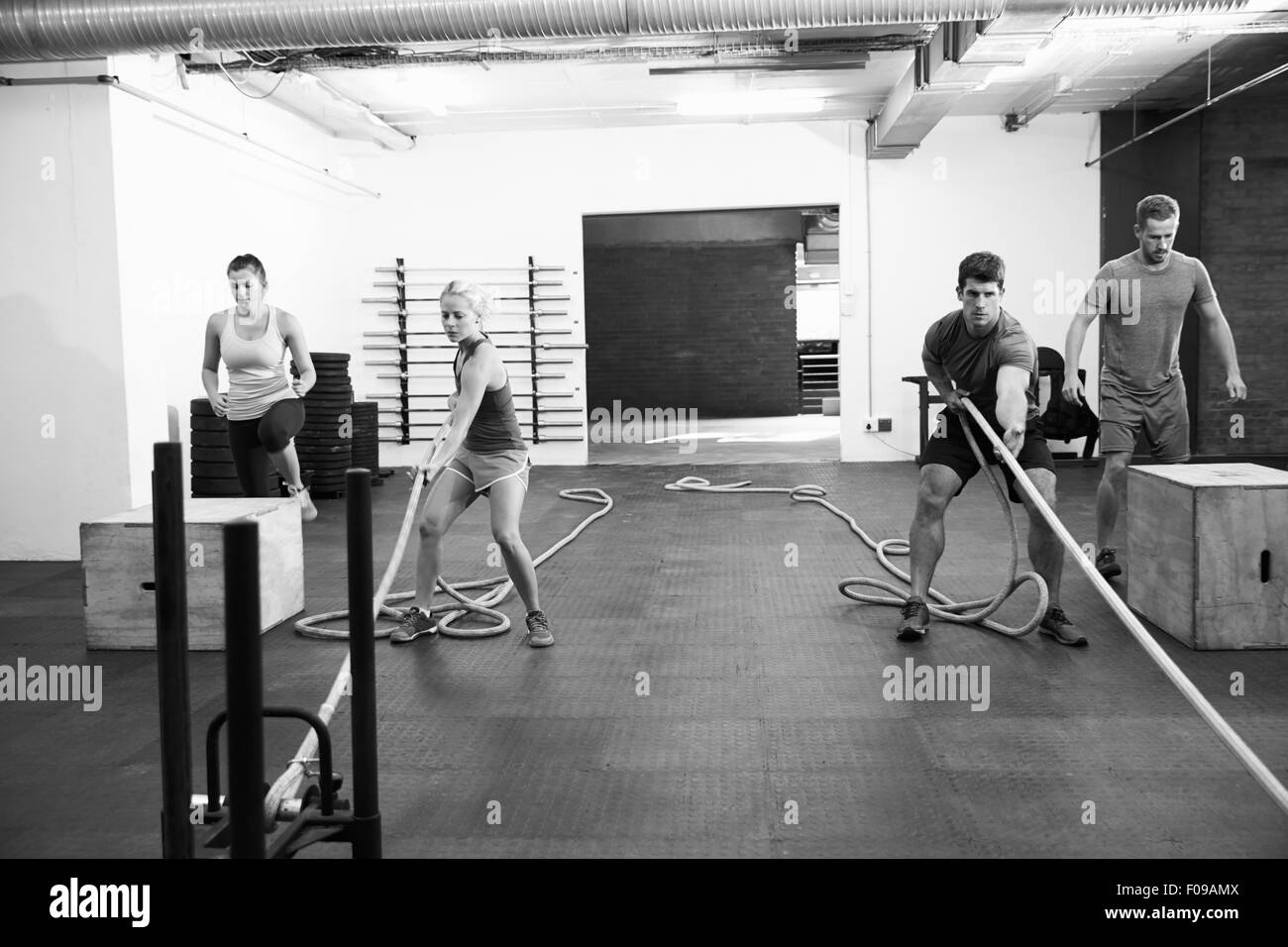Black And White Shot Of People In Gym Circuit Training Stock Photo