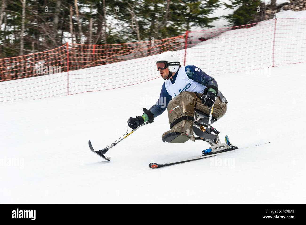 A disabled competitor using specially-adapted ski equipment, racing downhill in a giant slalom race Stock Photo