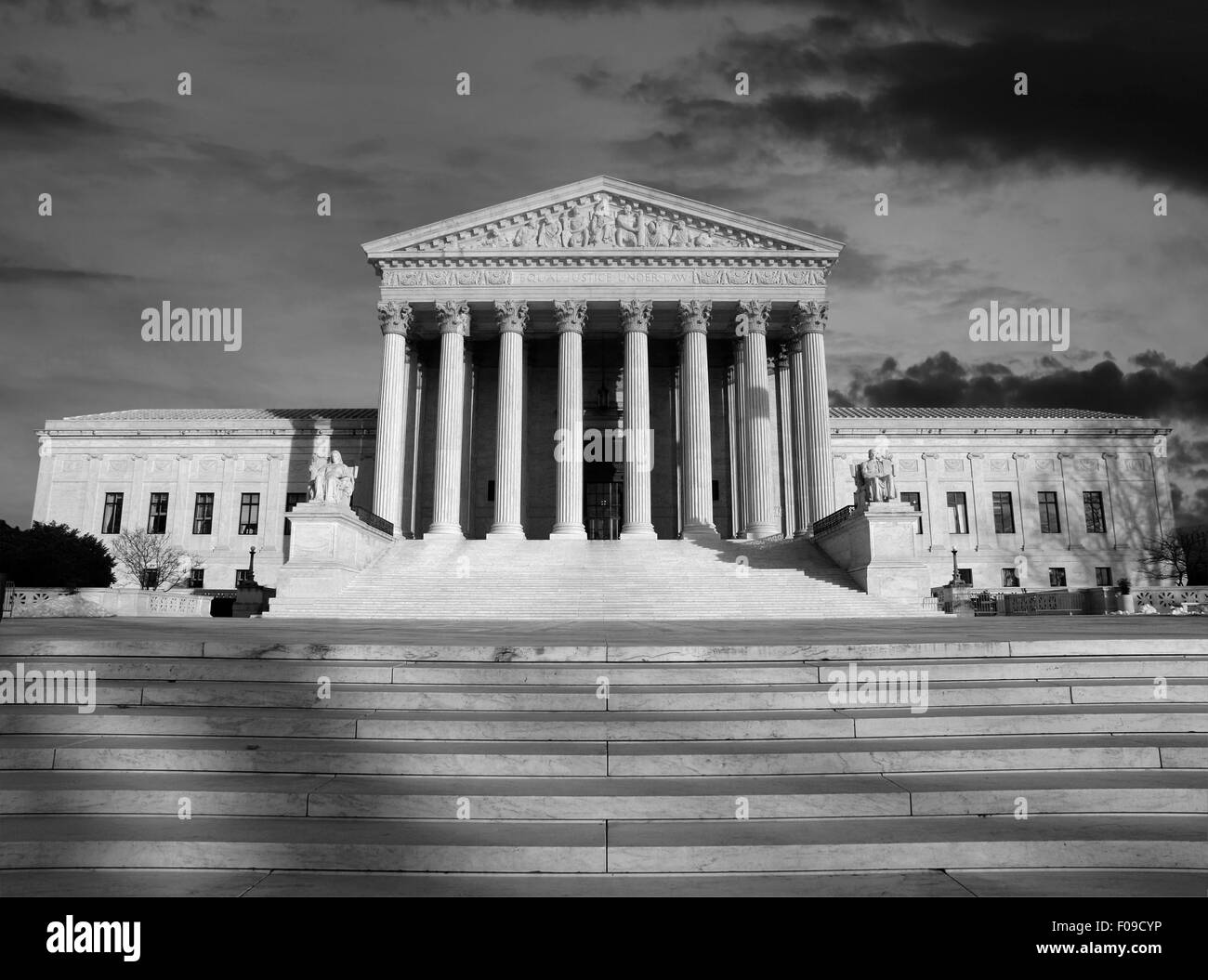 Clearing morning storm sky with the United States Supreme Court building in black and white. Stock Photo