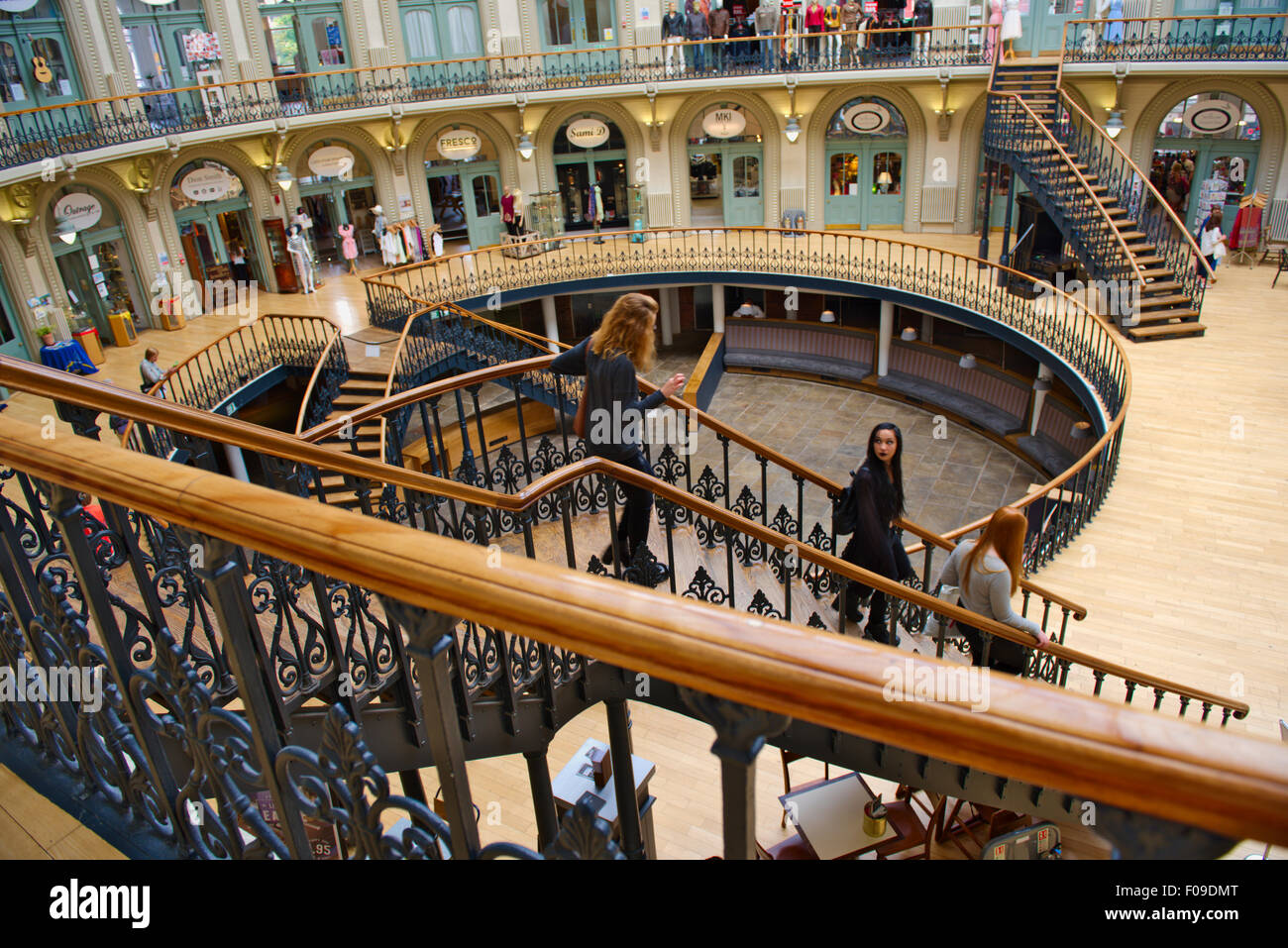 Inside Leeds Corn Exchange listed Victorian building with shops, West Yorkshire Stock Photo