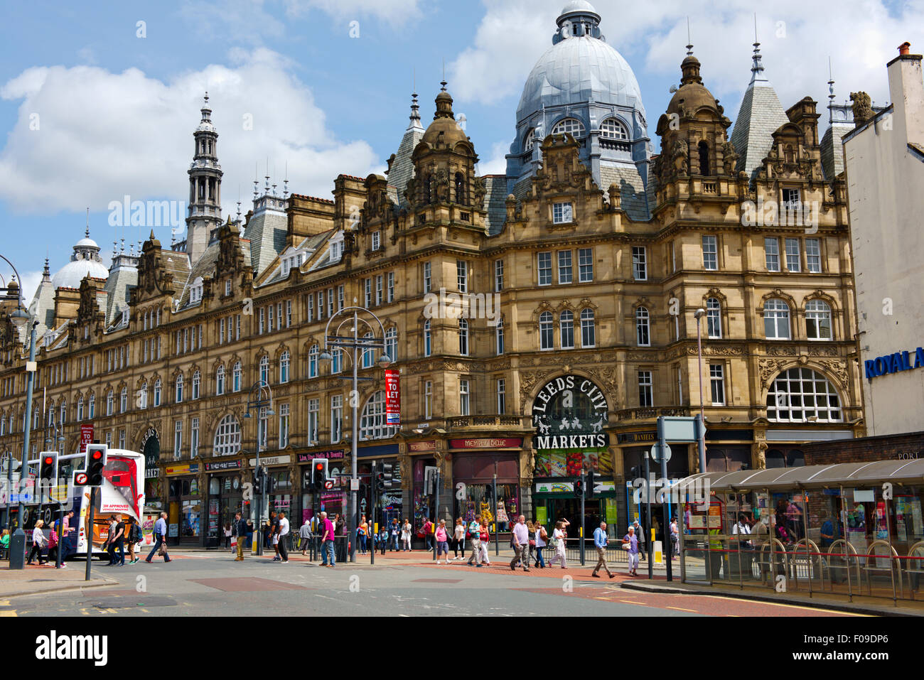 Leeds City Kirkgate Markets building, Vicar Lane entrance Leeds, UK. Largest covered market in Europe. Stock Photo