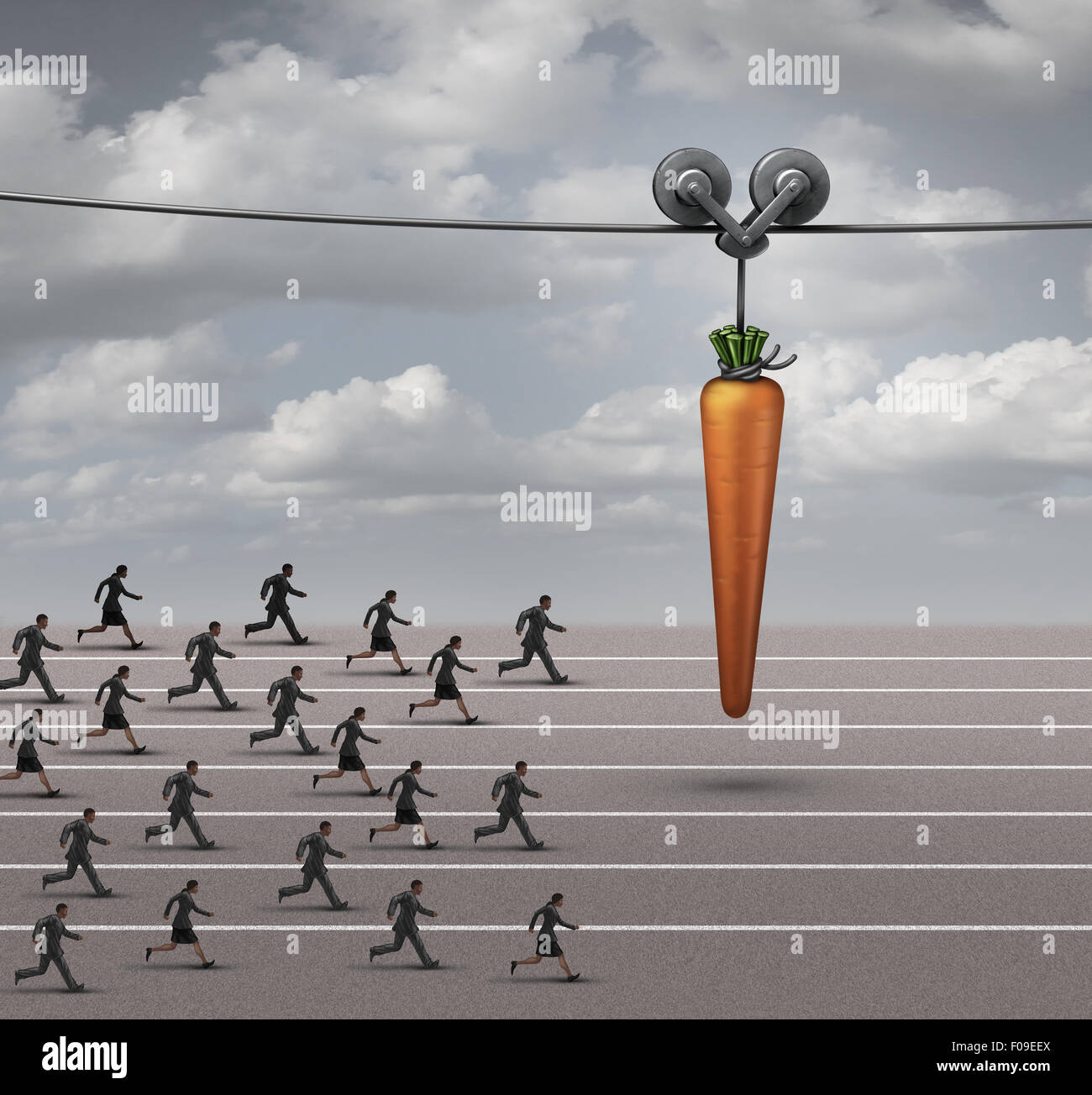 Employee incentive business concept as a group of businessmen and businesswomen running on a track towards a dangling carrot on Stock Photo