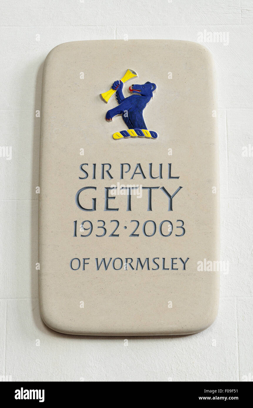 Memorial to Sir Paul Getty of Wormsley. Situated inside St Margarets Church, Lewknor, Oxfordshire, England, UK. Stock Photo