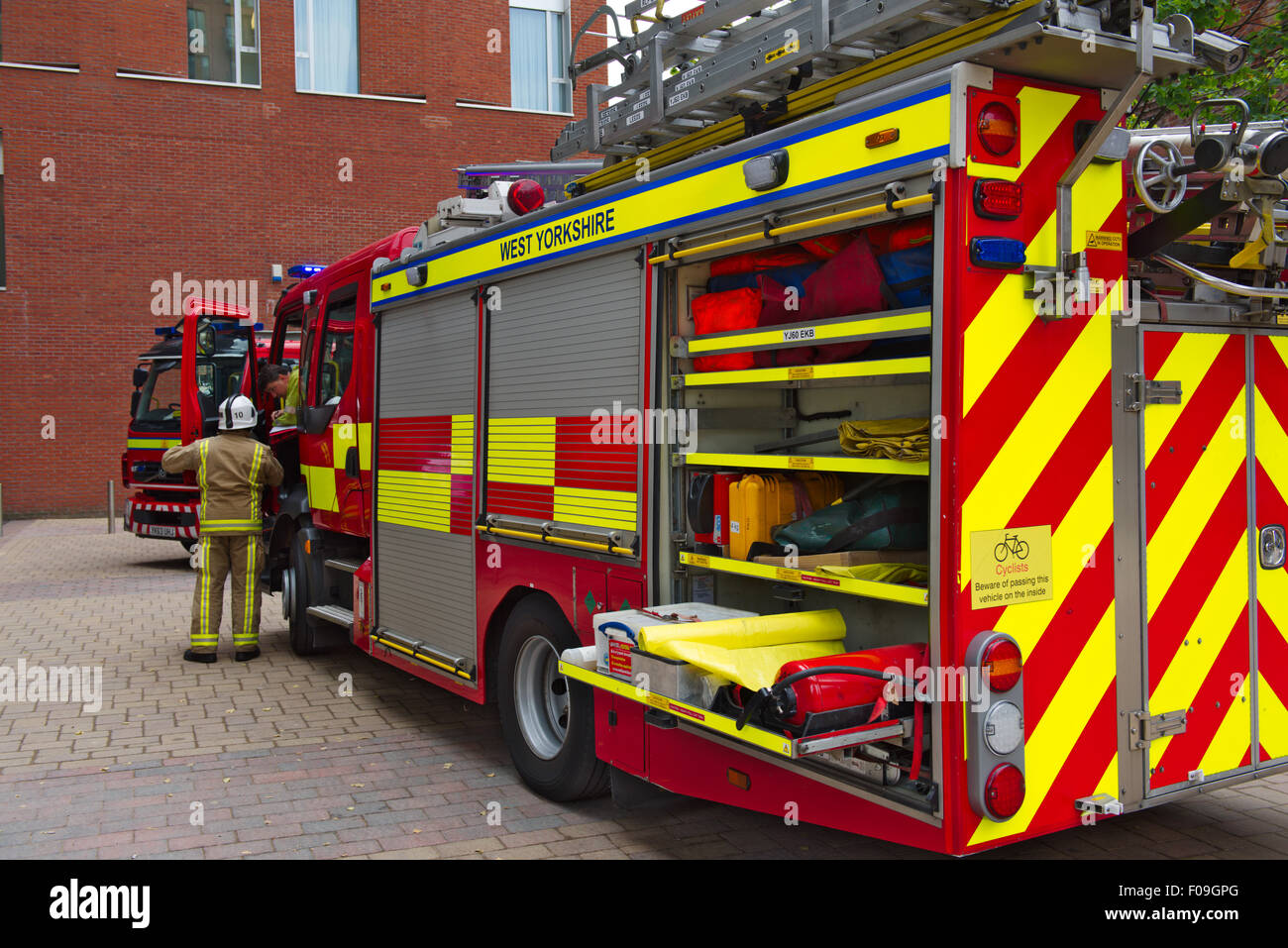West Yorkshire fire service engines attending fire in Leeds Stock Photo