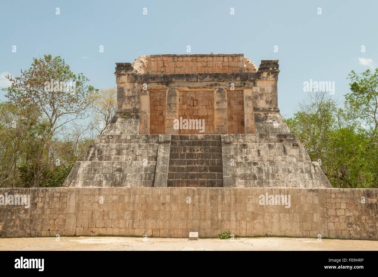 Building Overlooking Ball Game Court, Chichen Itza, Mexico Stock Photo