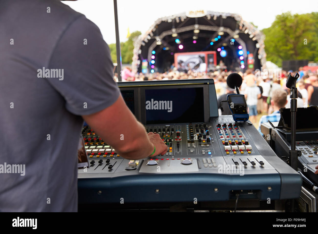 Sound and lighting engineer at an outdoor festival concert Stock Photo