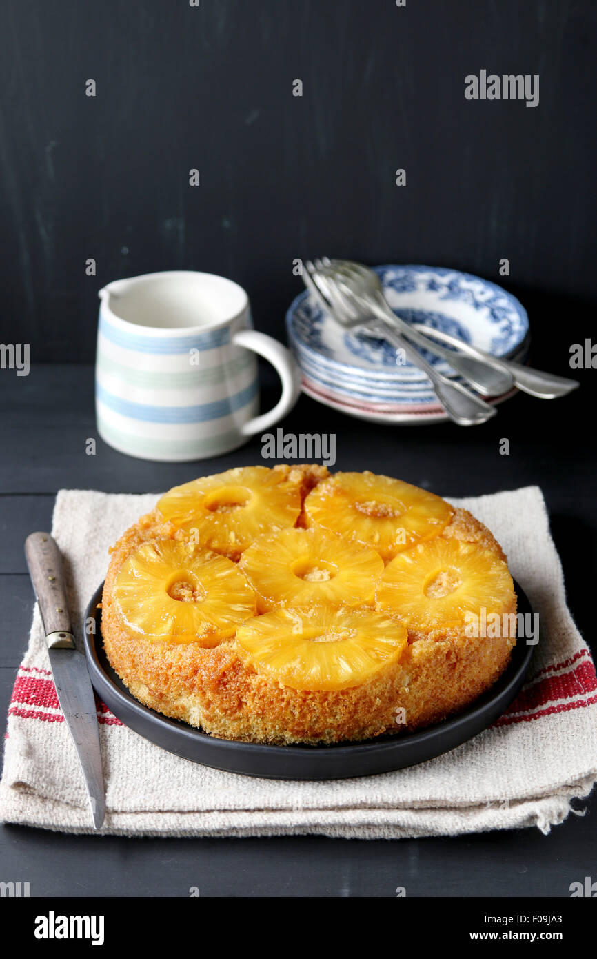 Pineapple upside down cake on a plate Stock Photo