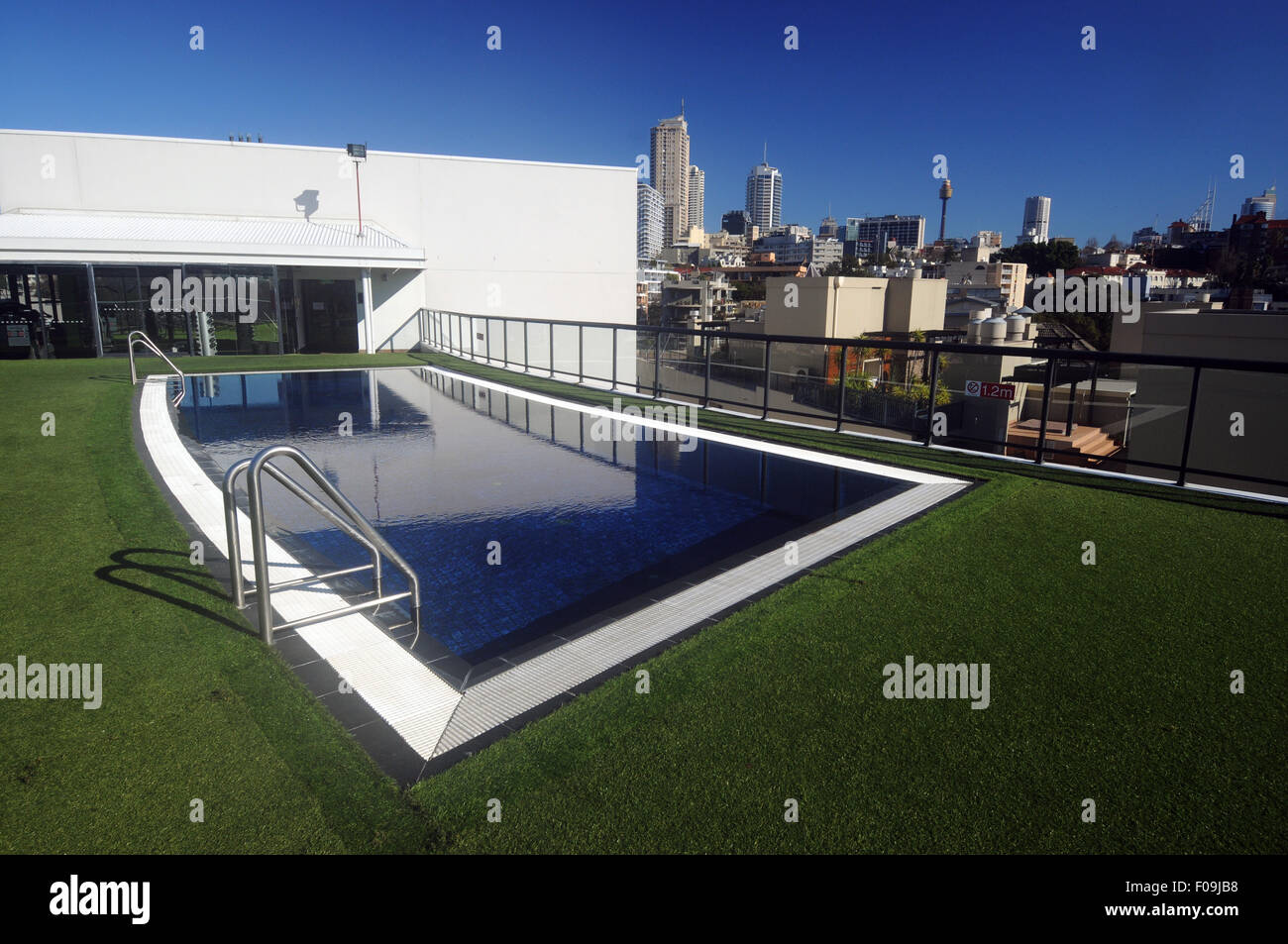 Rooftop pool with views over city skyline, Sydney, NSW, Australia. No PR Stock Photo
