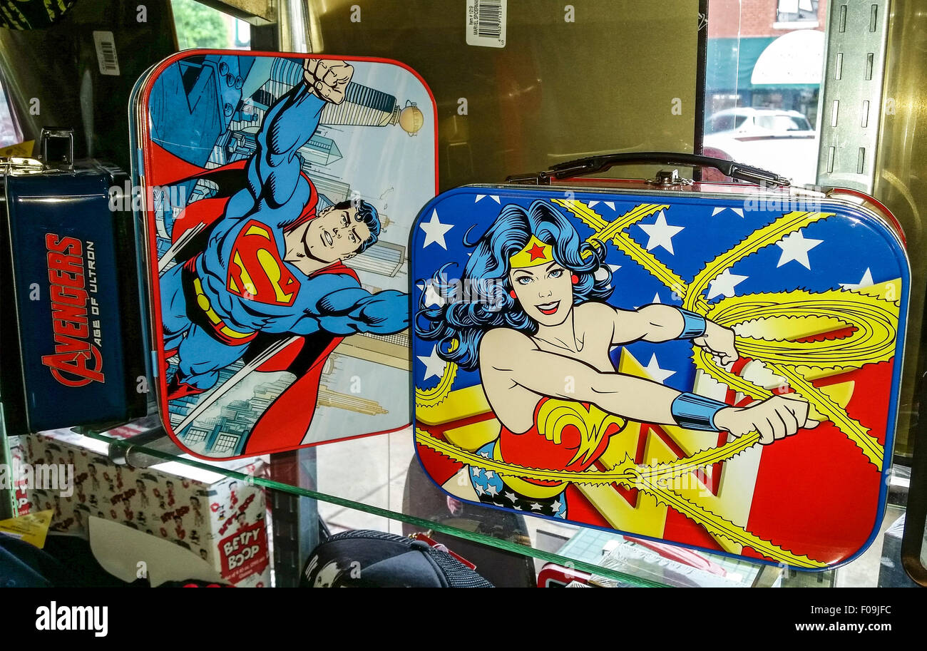 Nostalgic souvenirs including old time super hero lunch boxes and StarTrek memorabilia sold at Dick's 5 & 10 Stock Photo