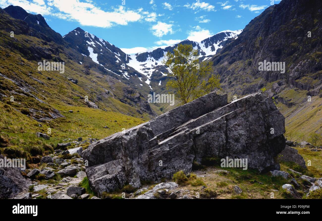 The Hidden Valley or Lost Valley can be found by following a trail from the Glen Coe Valley, Western Highlands, Scotland Stock Photo