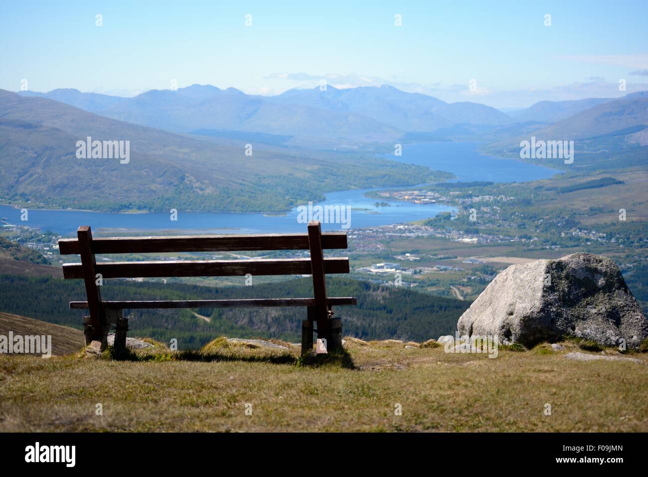 Looking across Loch Eil to distant mountains from high up in the Nevis Range, Scotland, UK. Stock Photo
