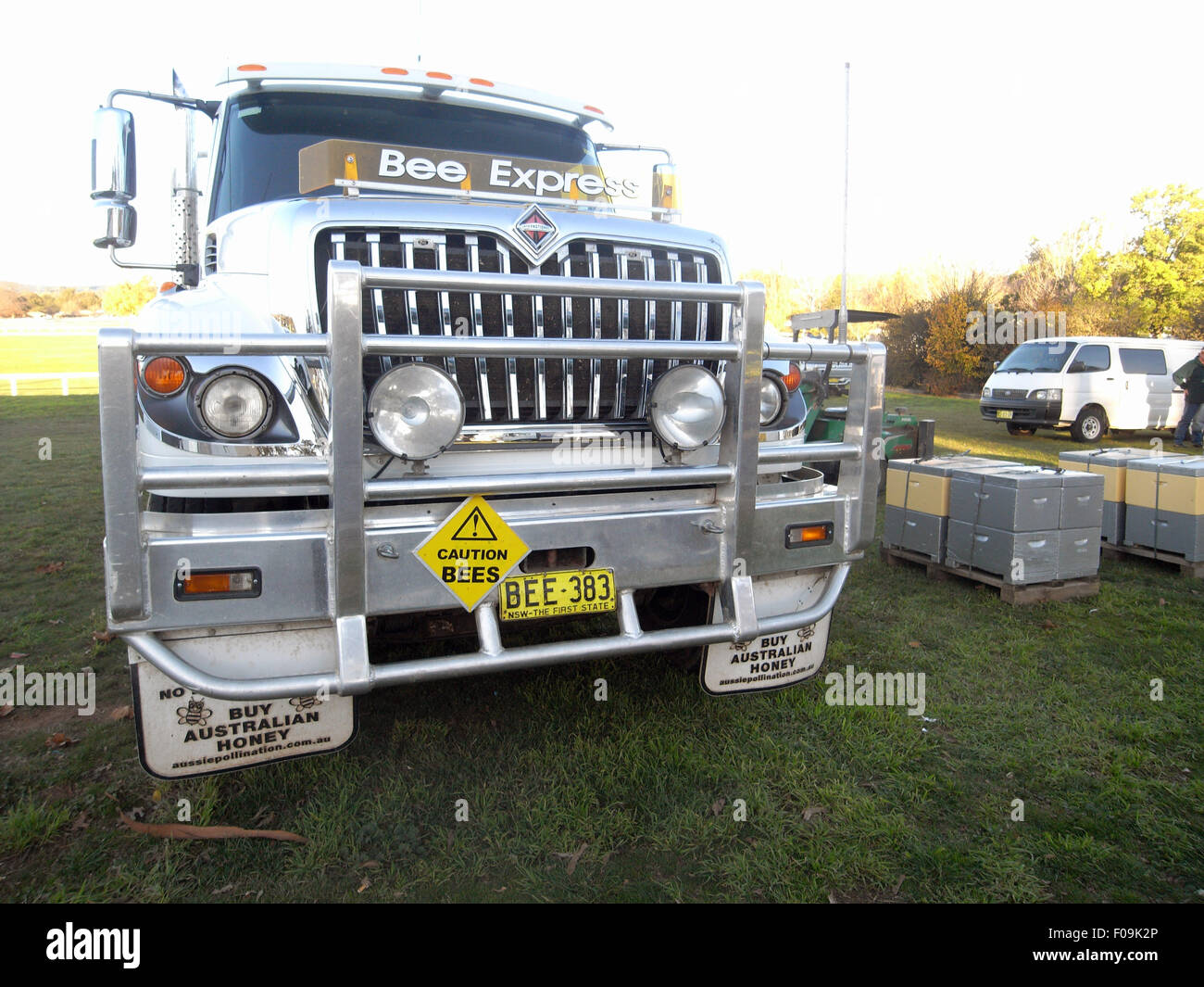 Truck of beekeeper providing pollination services to the agricultural industry, Orange, NSW, Australia. No PR Stock Photo