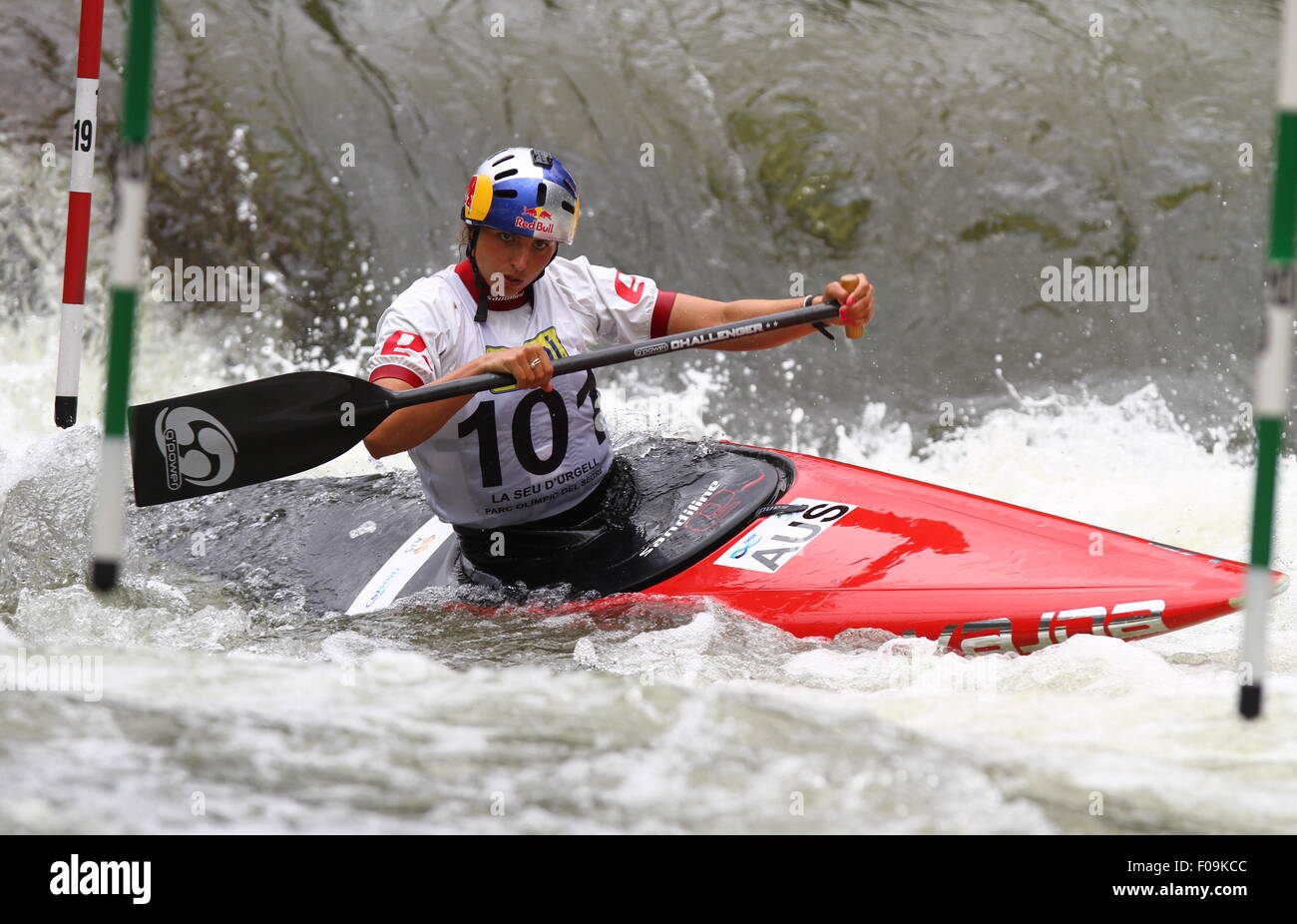 08.08.2015 La Seu d'Urgel, Lleida, Spain. ICF Canoe Slalom Womens World Cup 4. Jessica Fox (AUS) in action during canoe single (C1) womens final at Canal Olimpic Stock Photo