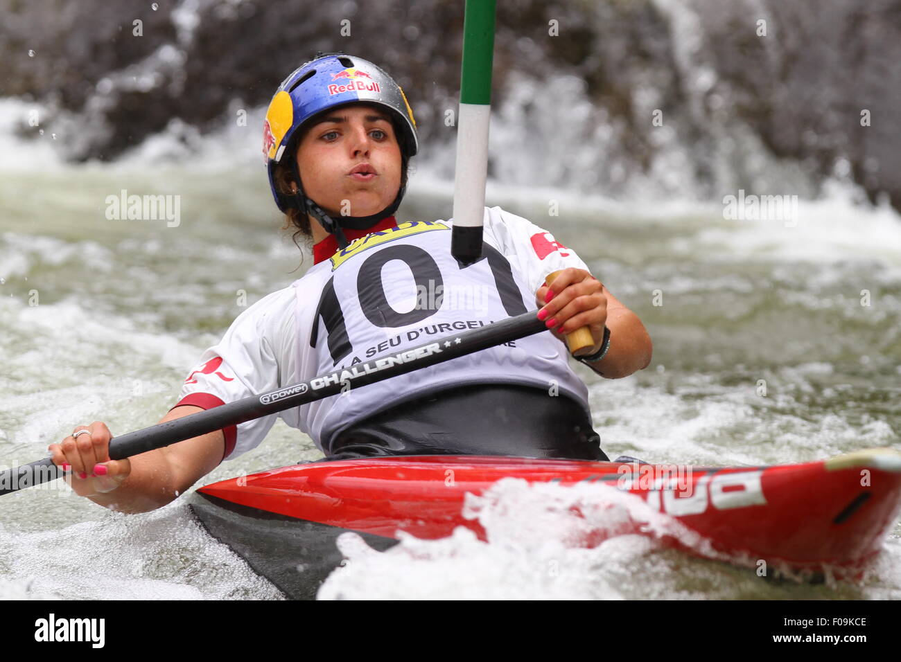 08.08.2015 La Seu d'Urgel, Lleida, Spain. ICF Canoe Slalom Womens World Cup 4. Jessica Fox (AUS) in action during canoe single (C1) womens final at Canal Olimpic Stock Photo