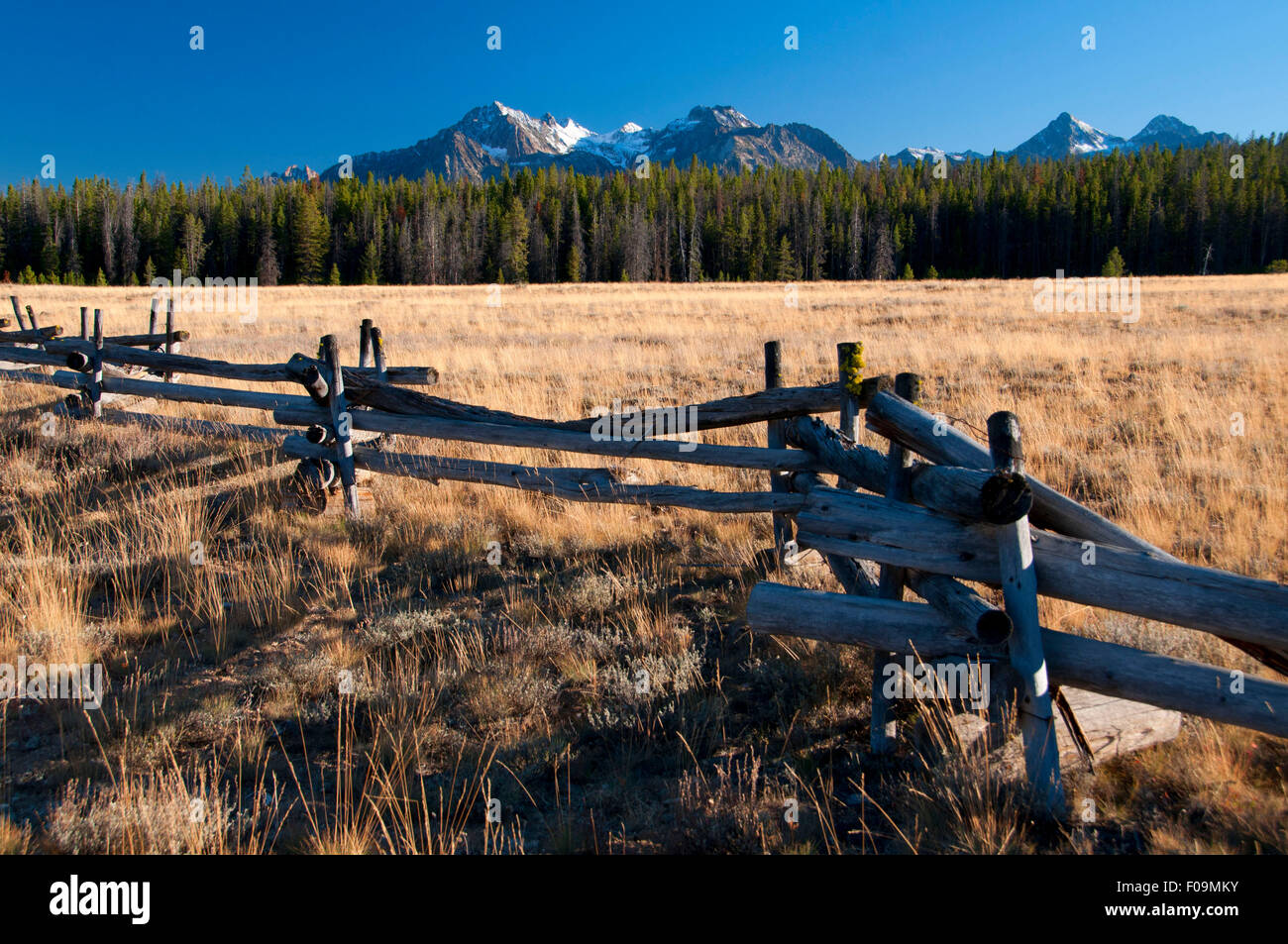Meadow fence to Sawtooth Range, Ponderosa Pine Scenic Byway, Sawtooth National Recreation Area