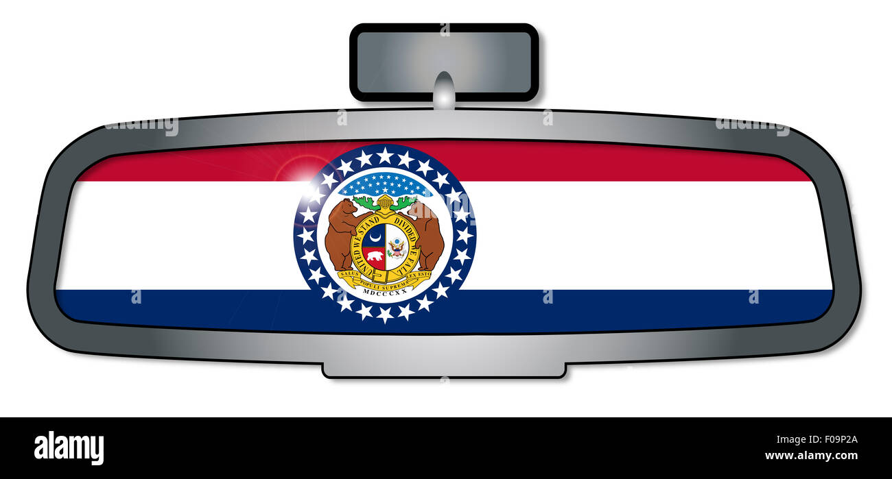 A vehicle rear view mirror with the flag of the state of Missouri Stock Photo Alamy