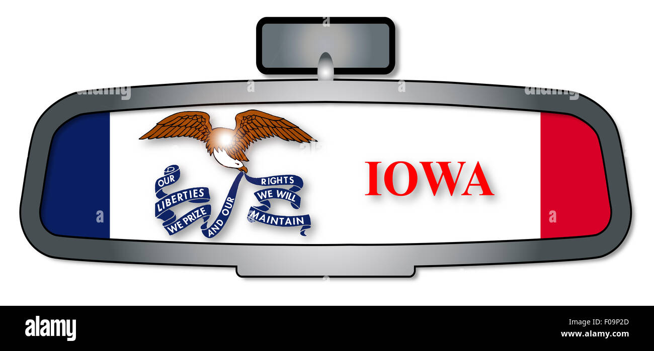 A vehicle rear view mirror with the flag of the state of Iowa Stock Photo Alamy