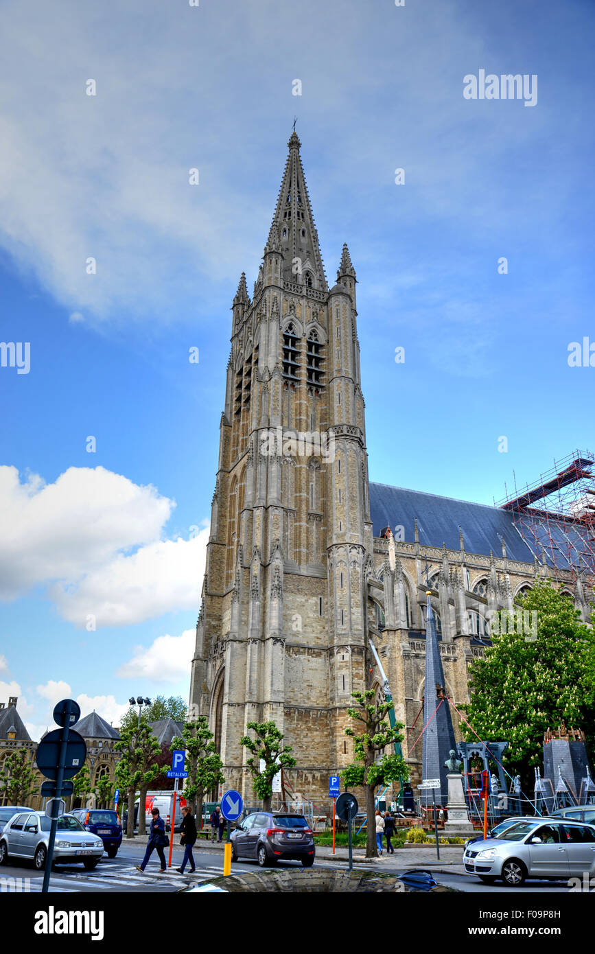 View of Saint Martin's Cathedral at Ieper, Belgium with a beautiful spring time blue sky Stock Photo