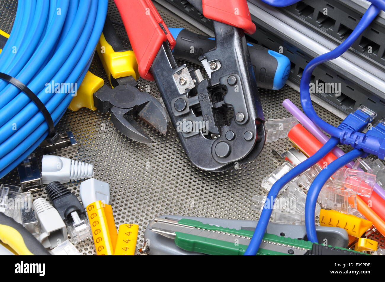 Tools for crimping with component to computer network Stock Photo Alamy