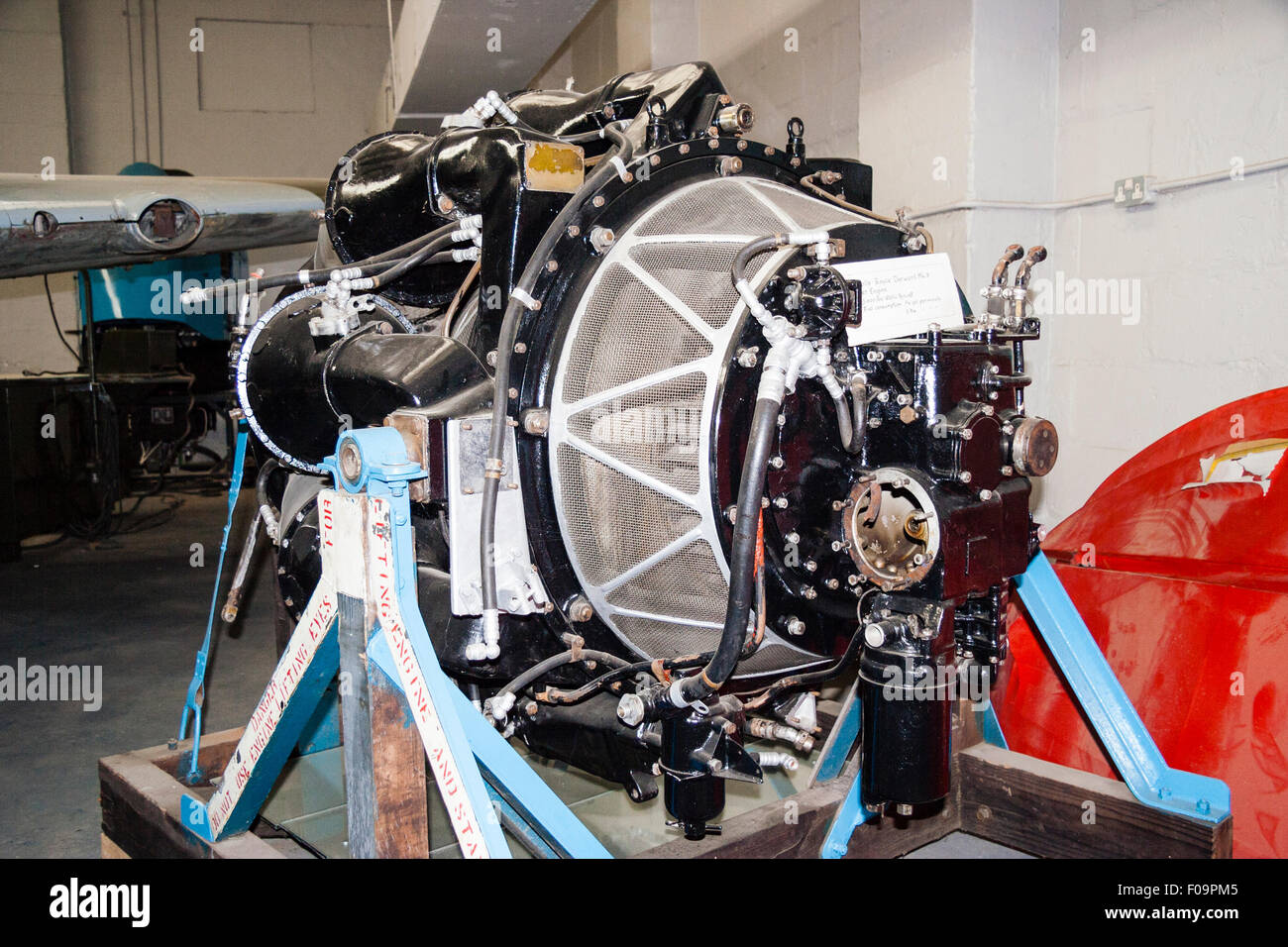 Interior of the Manston airfield history museum. A Rolls Royce Derwent