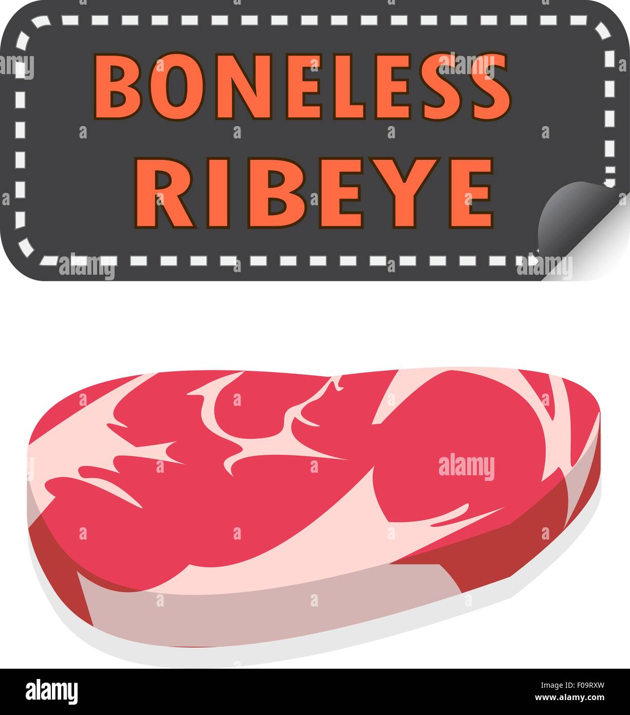Unwrapped Fresh Boneless Ribeye steak with fat and sticker banner,vector Stock Vector