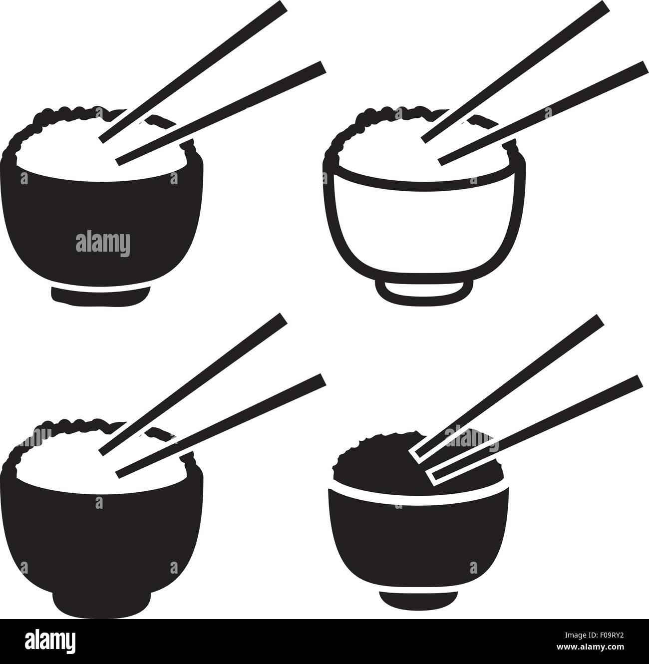 Set of bowl of rice with pair of chopsticks icon, vector Stock Vector
