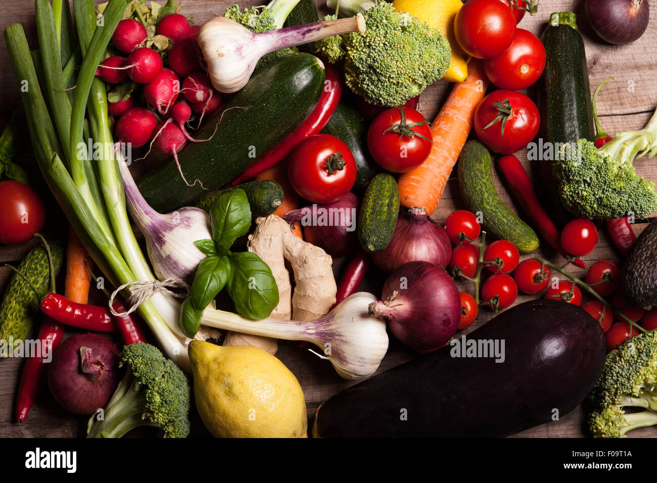 assorted Vegetables on wooden table Stock Photo