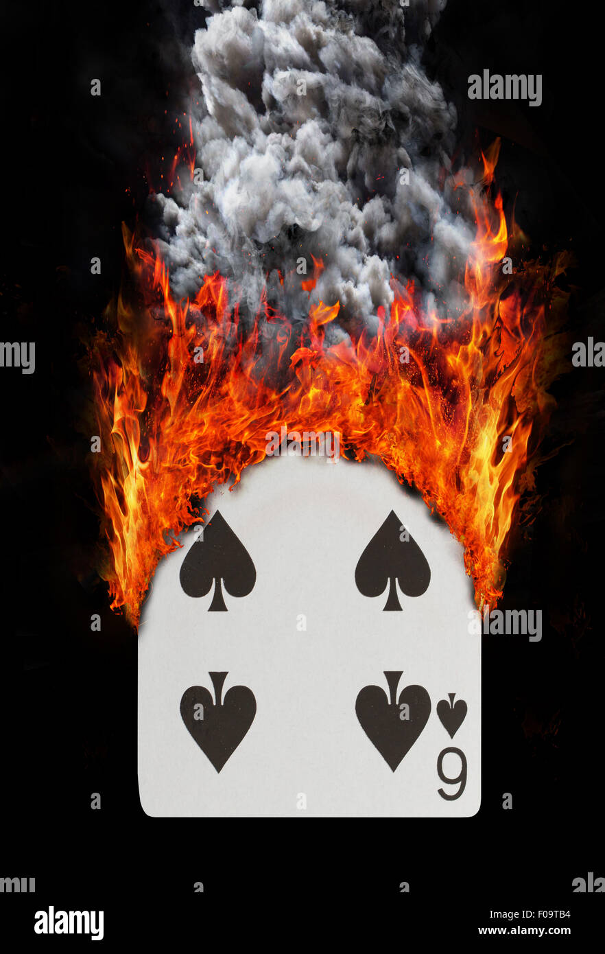 Playing card with fire and smoke, isolated on white - Six of spades Stock Photo