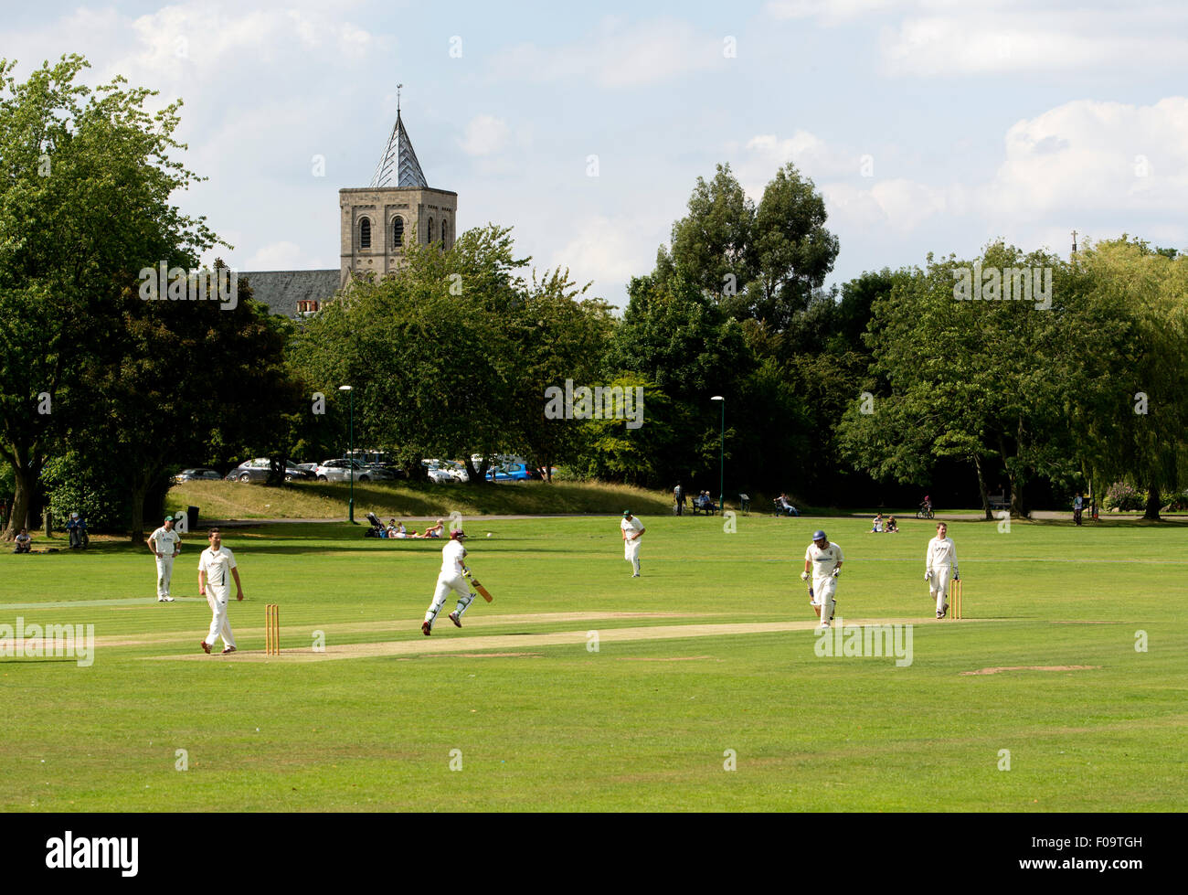 Cricket on the Bath Grounds, Ashby-de-la-Zouch, Leicestershire, England, UK Stock Photo