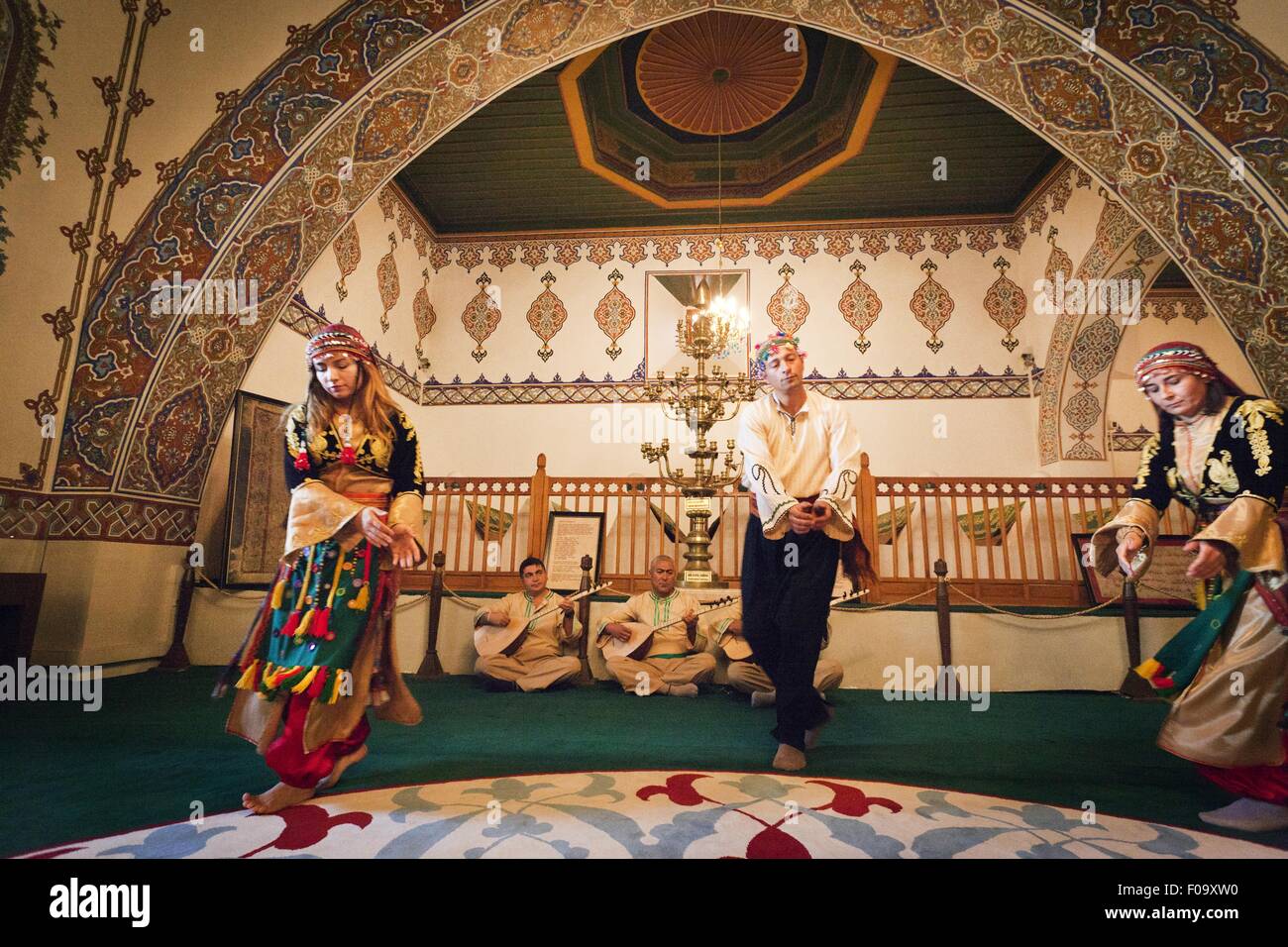 Two women performing  Alevis Semah in Dervish Monastery, Cappadocia, Anatolia, Turkey Stock Photo