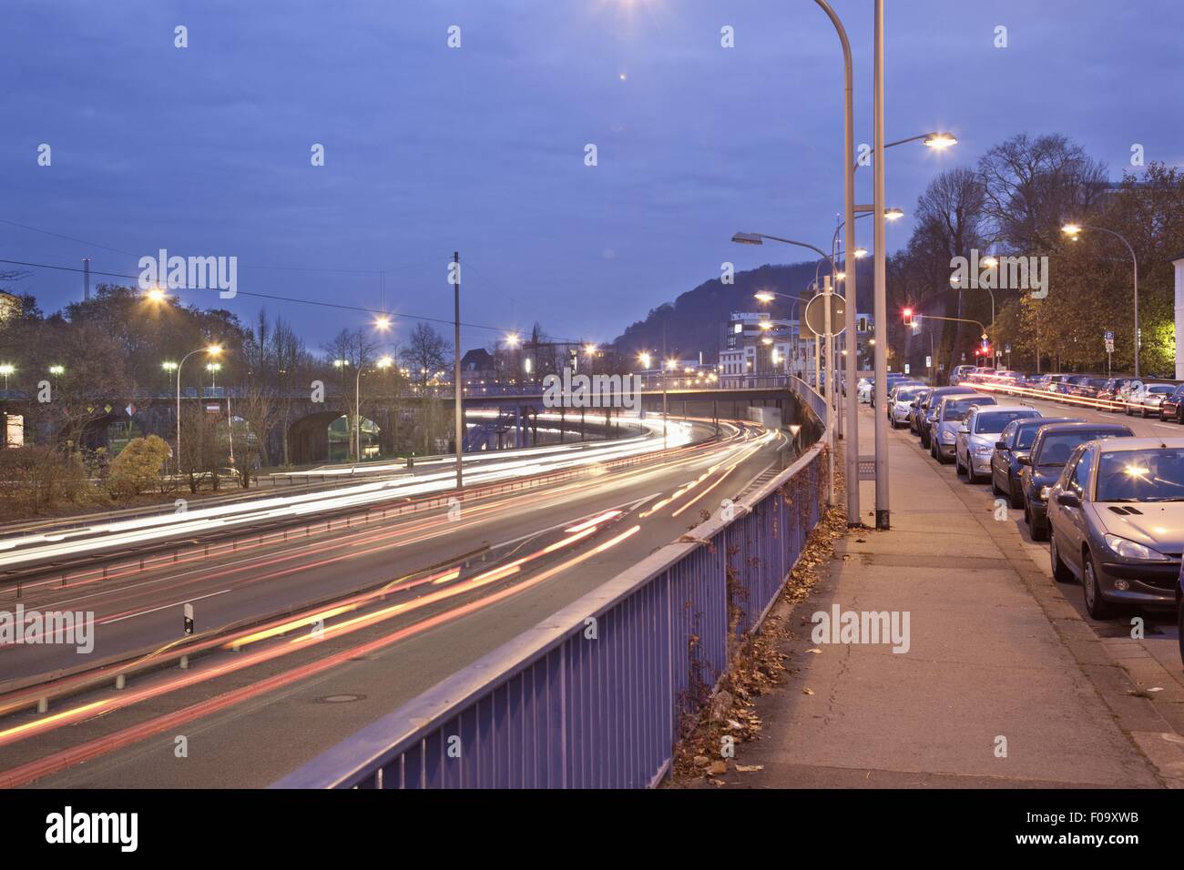 Light trails and cars on old bridge at Saarbrucken, Saarland, Germany